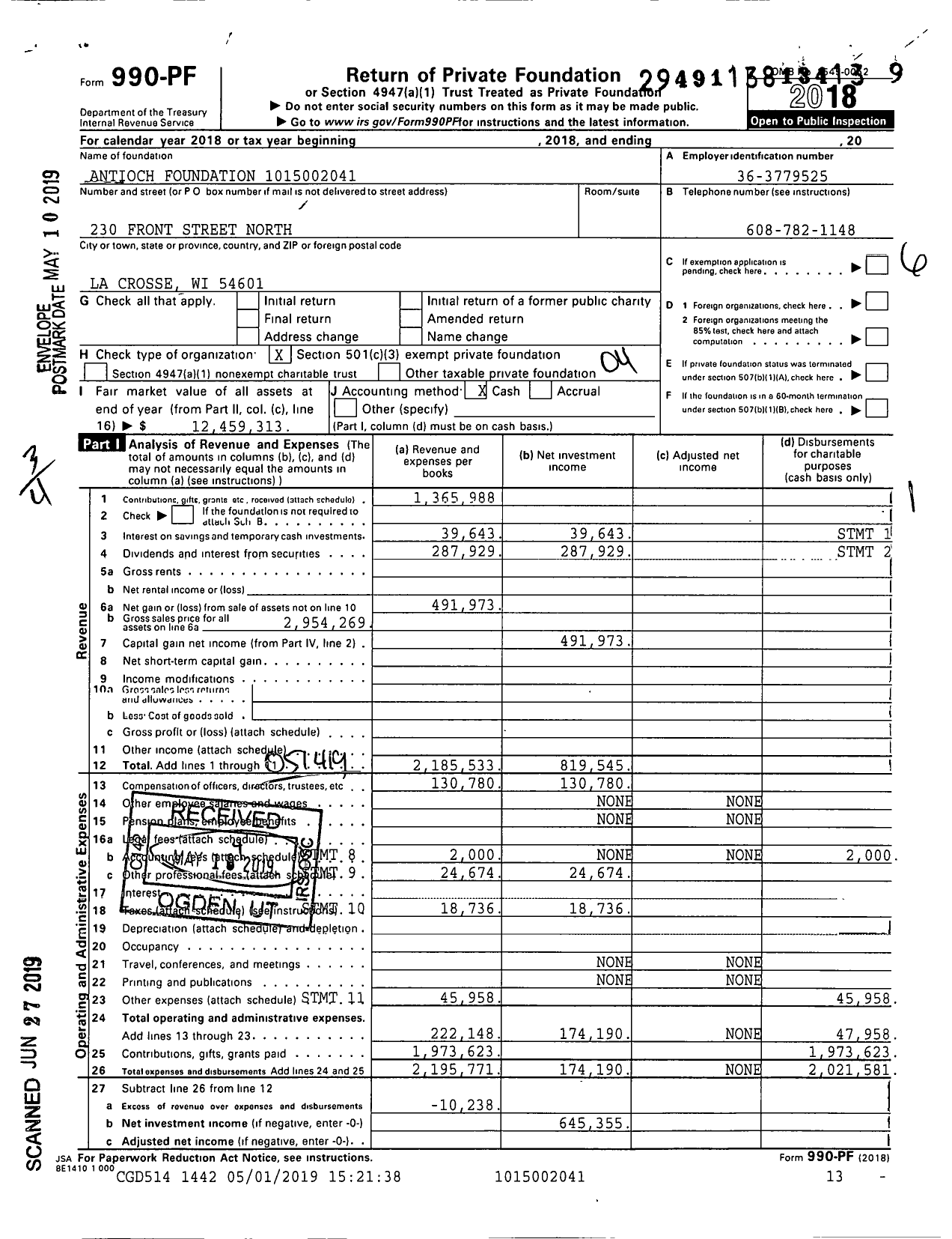Image of first page of 2018 Form 990PF for Antioch Foundation 1015002041