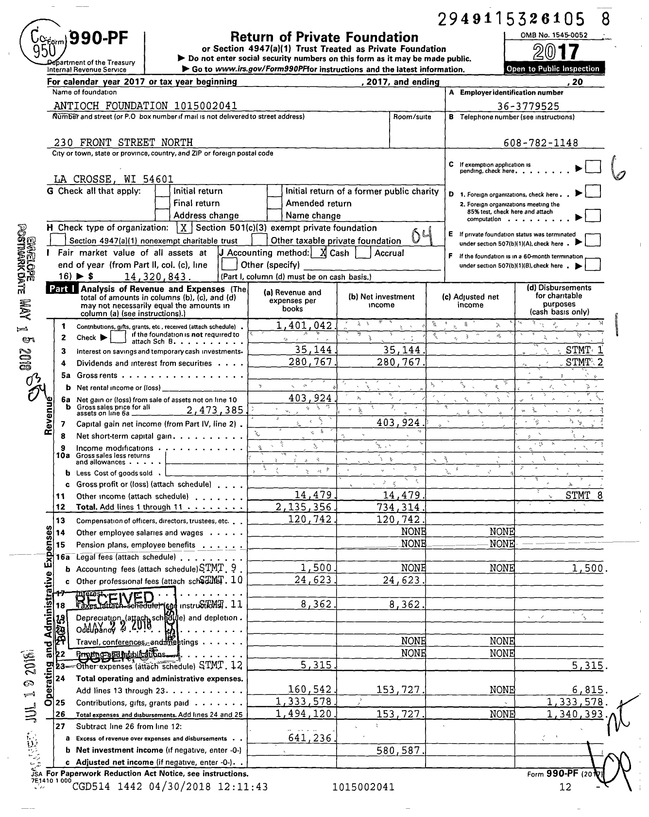 Image of first page of 2017 Form 990PF for Antioch Foundation 1015002041