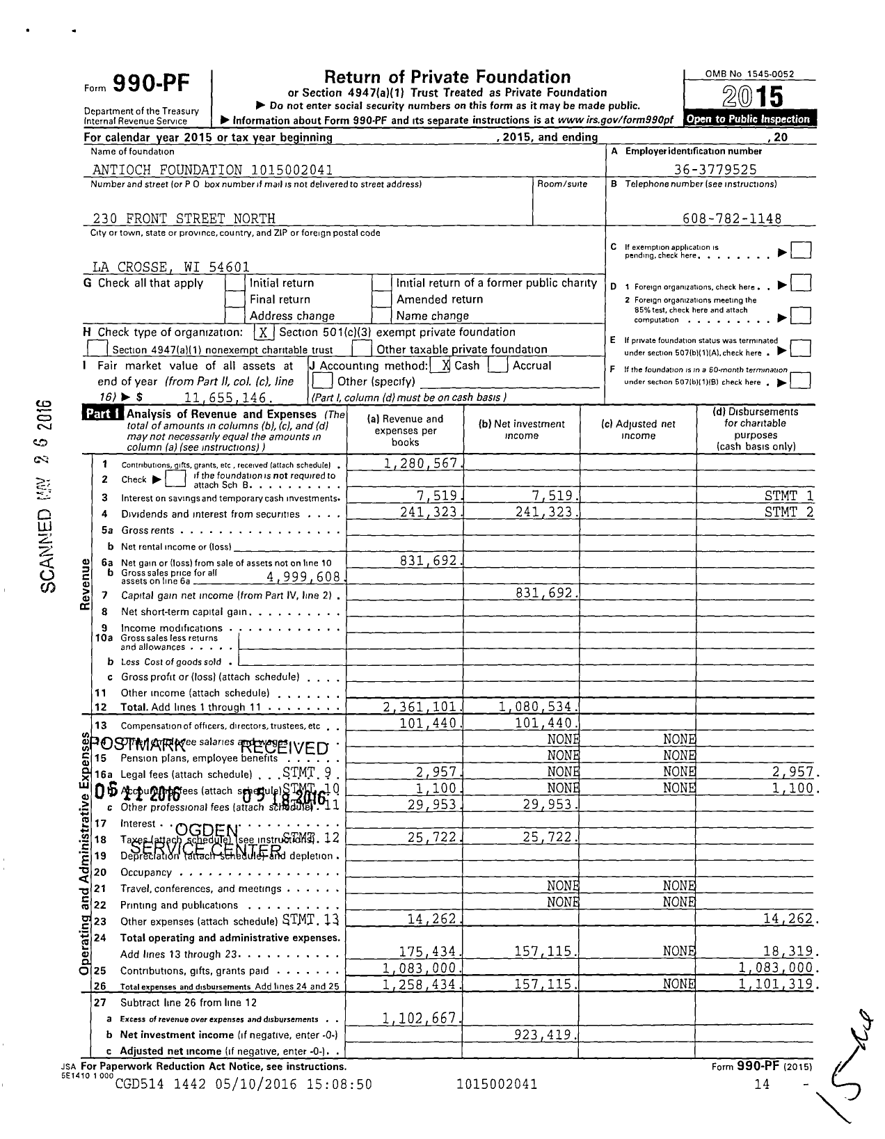 Image of first page of 2015 Form 990PF for Antioch Foundation 1015002041