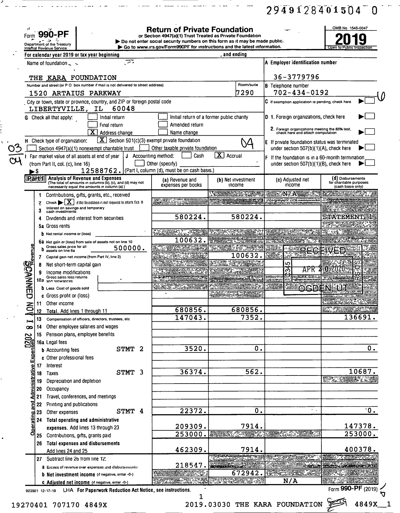 Image of first page of 2019 Form 990PF for The Kara Foundation