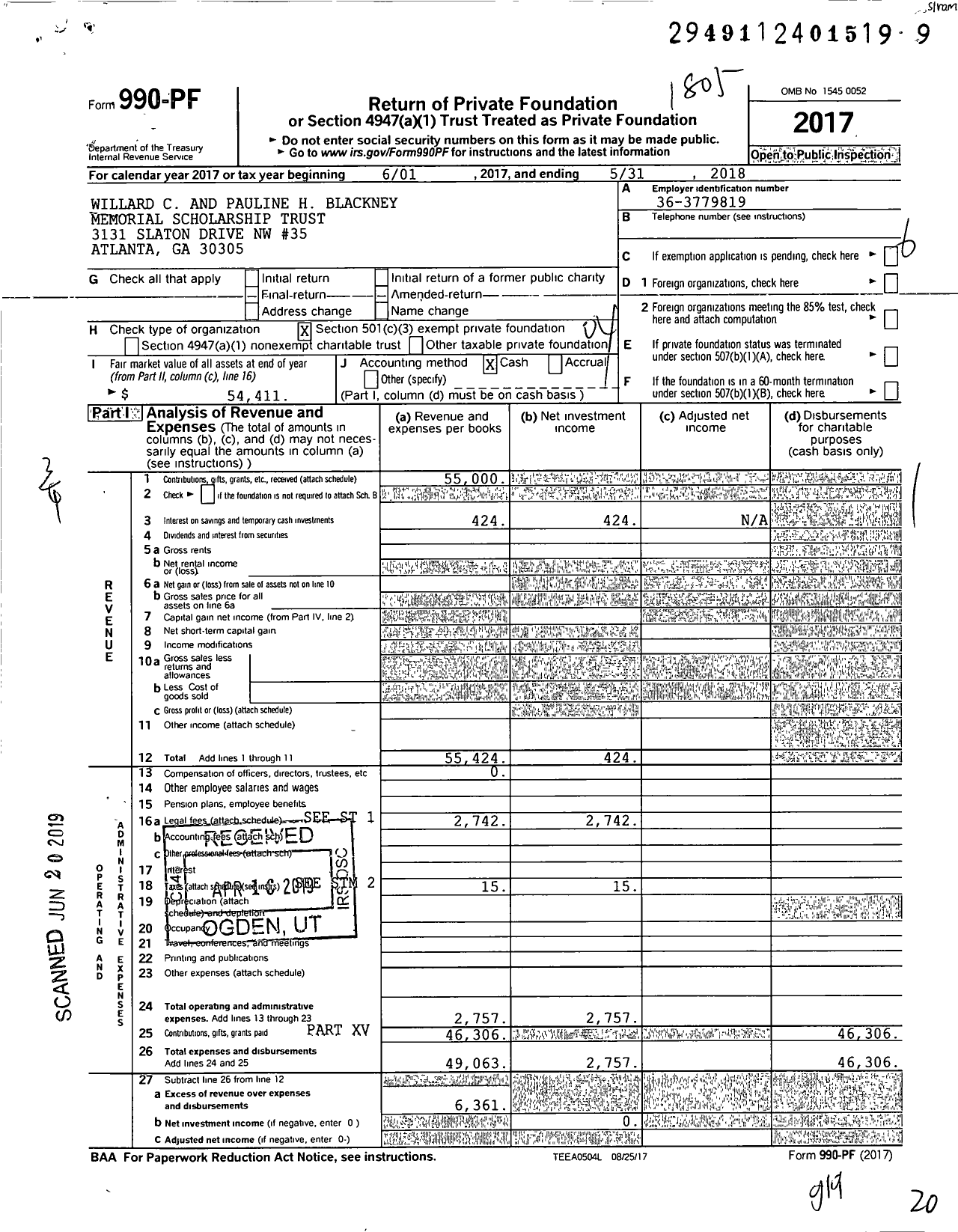 Image of first page of 2017 Form 990PF for Willard C and Pauline H Blackney Memorial Scholarship Trust