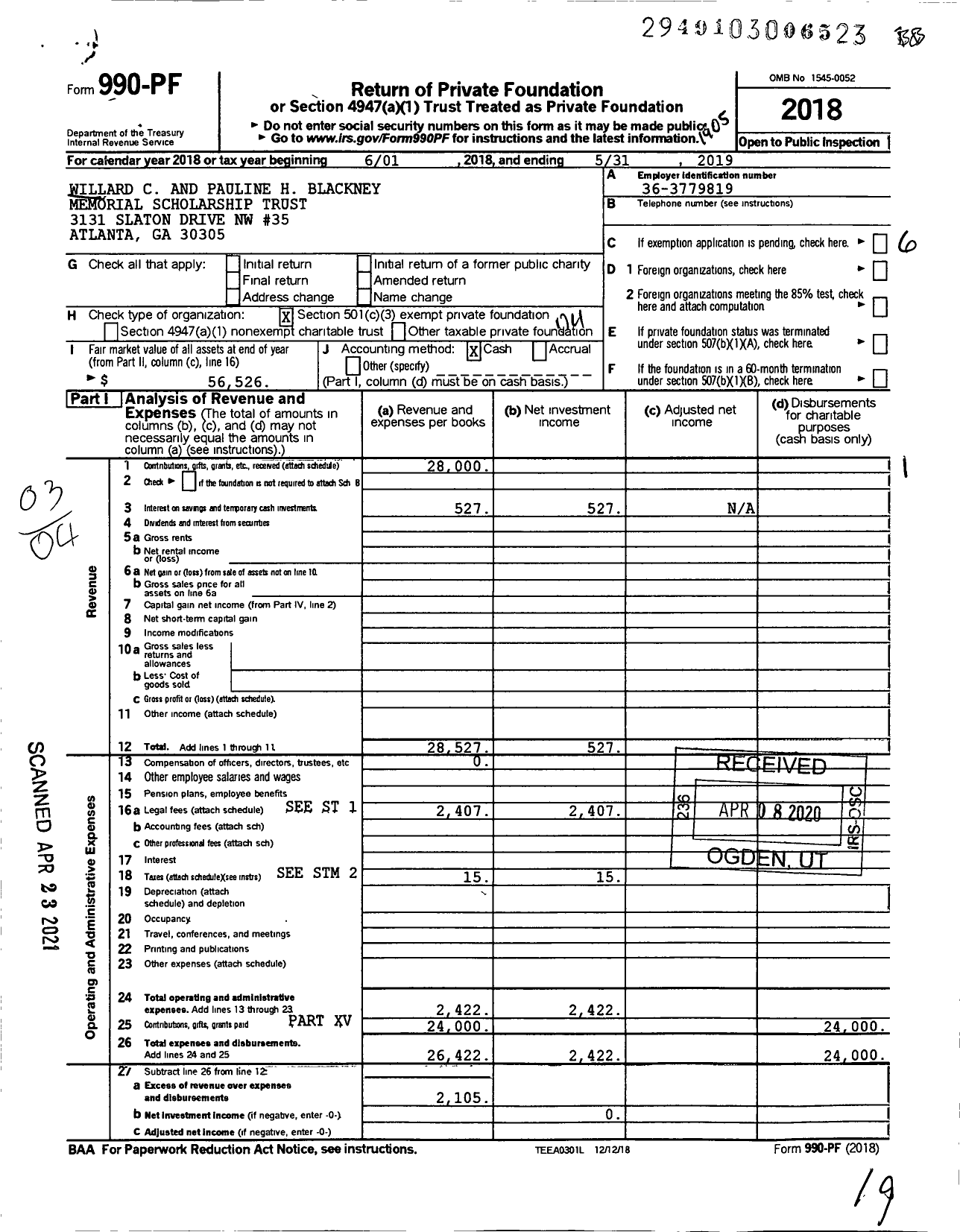 Image of first page of 2018 Form 990PF for Willard C and Pauline H Blackney Memorial Scholarship Trust