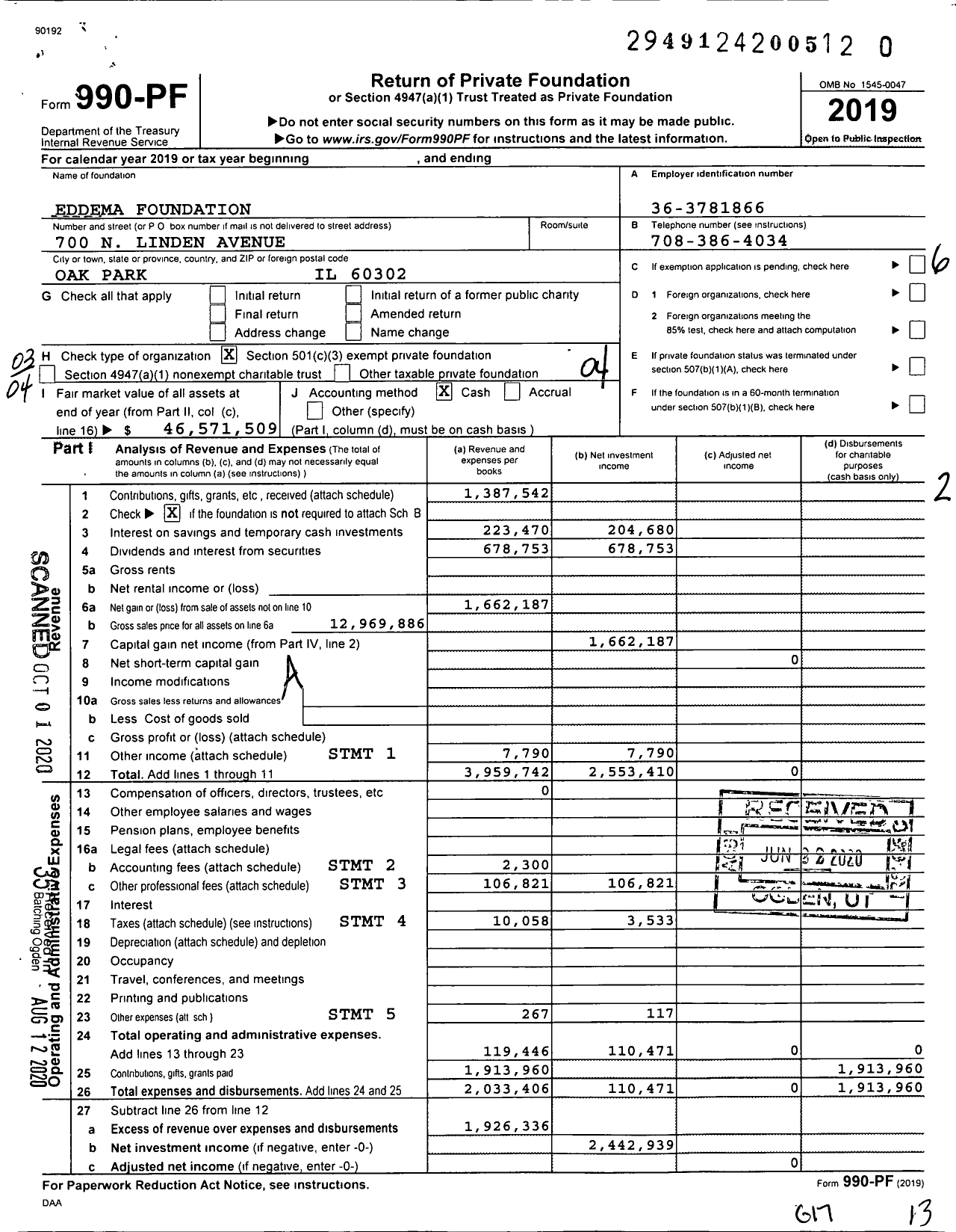 Image of first page of 2019 Form 990PR for Eddema Foundation