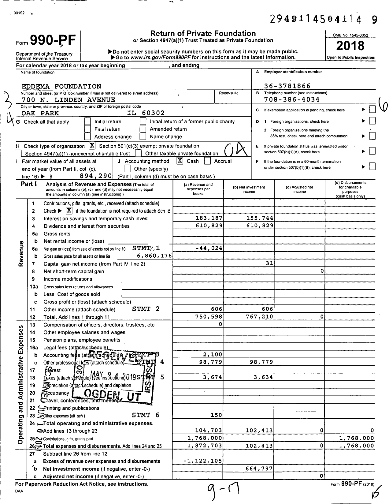 Image of first page of 2018 Form 990PF for Eddema Foundation