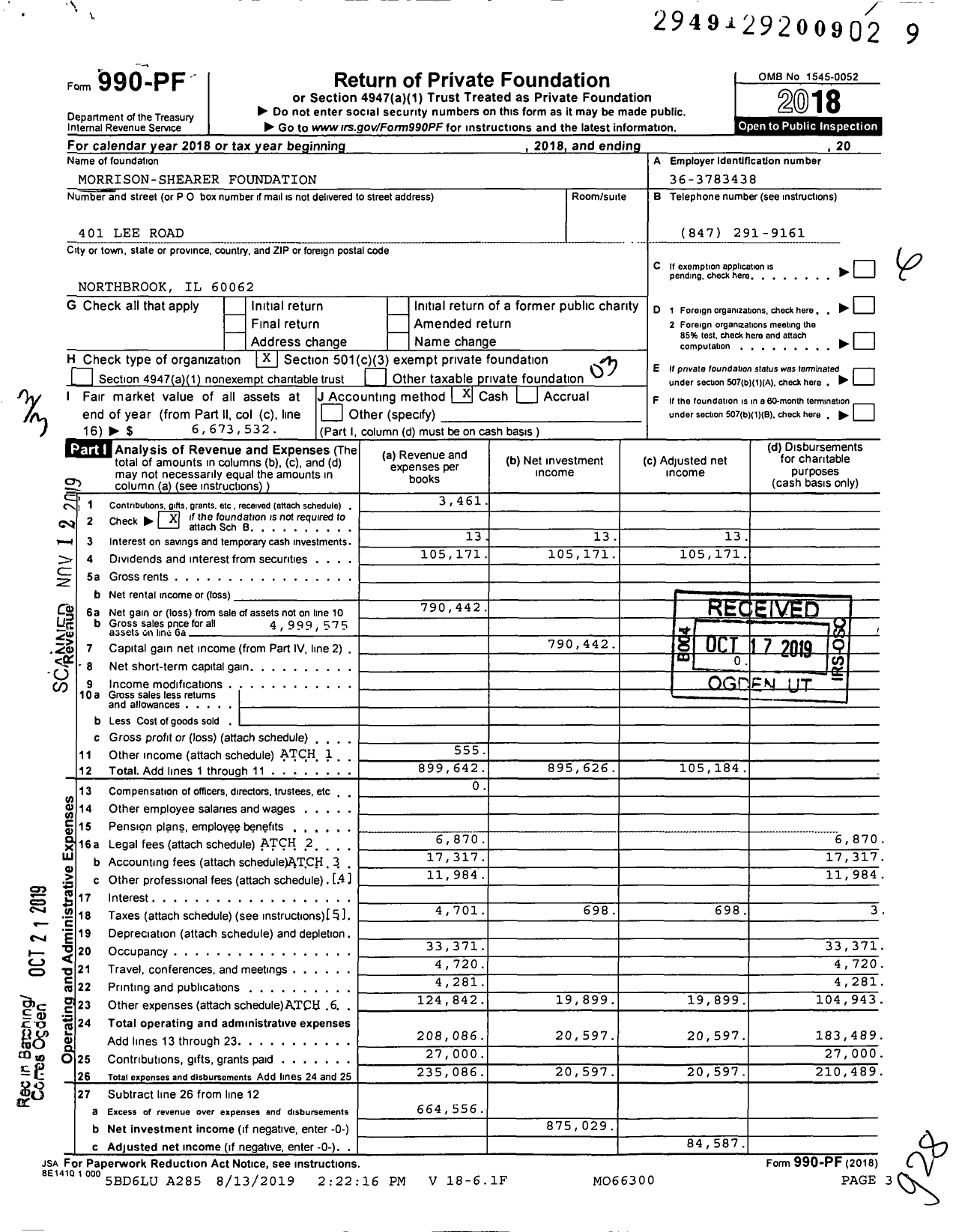 Image of first page of 2018 Form 990PF for Morrison-Shearer Foundation