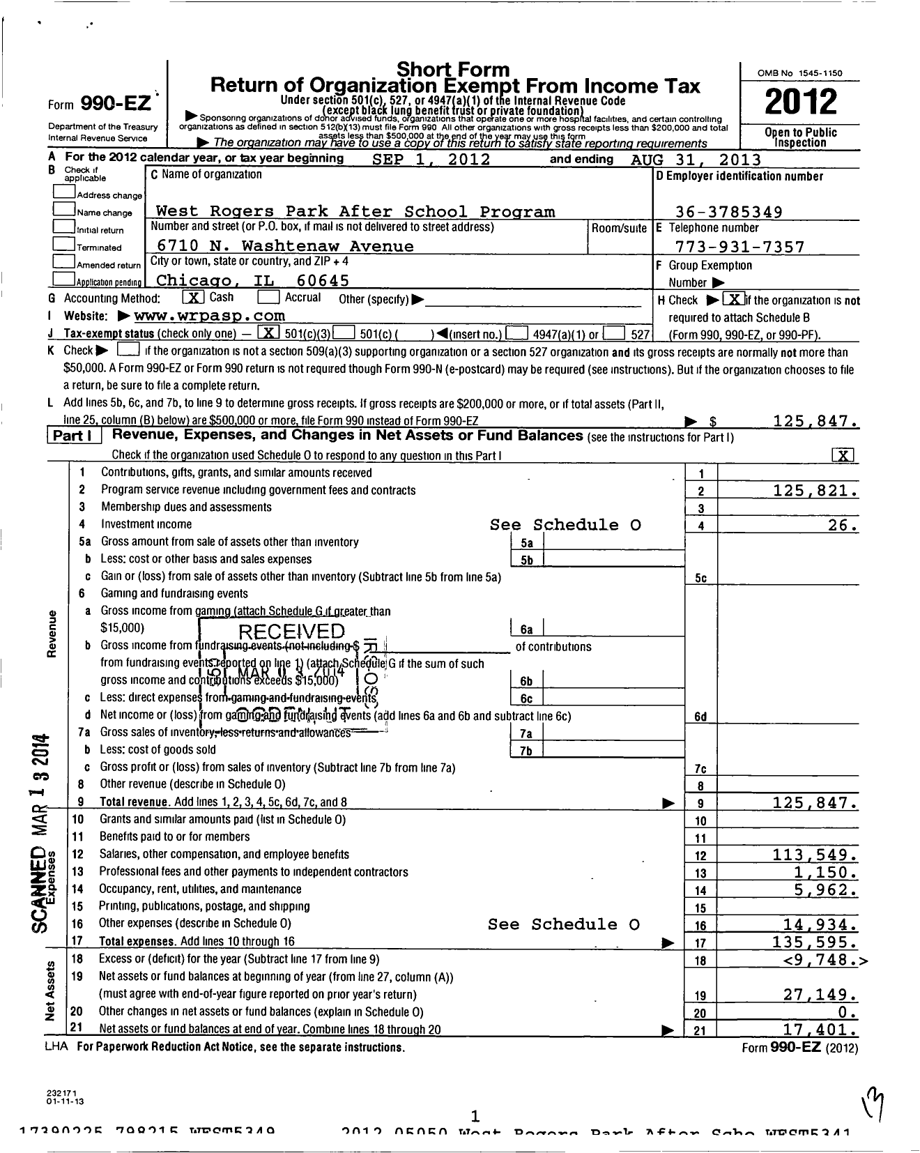 Image of first page of 2012 Form 990EZ for West Rogers Park After School Program