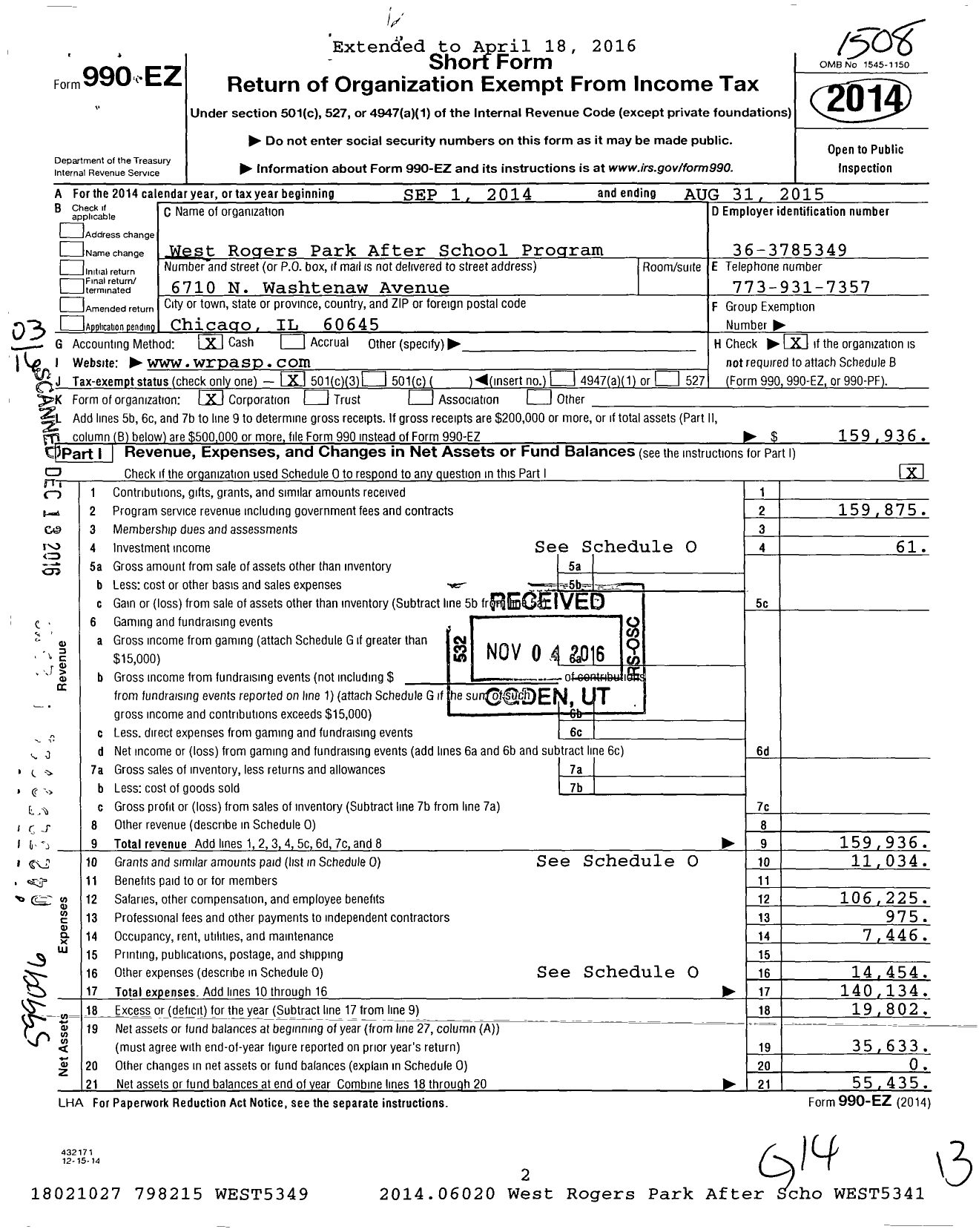 Image of first page of 2014 Form 990EZ for West Rogers Park After School Program