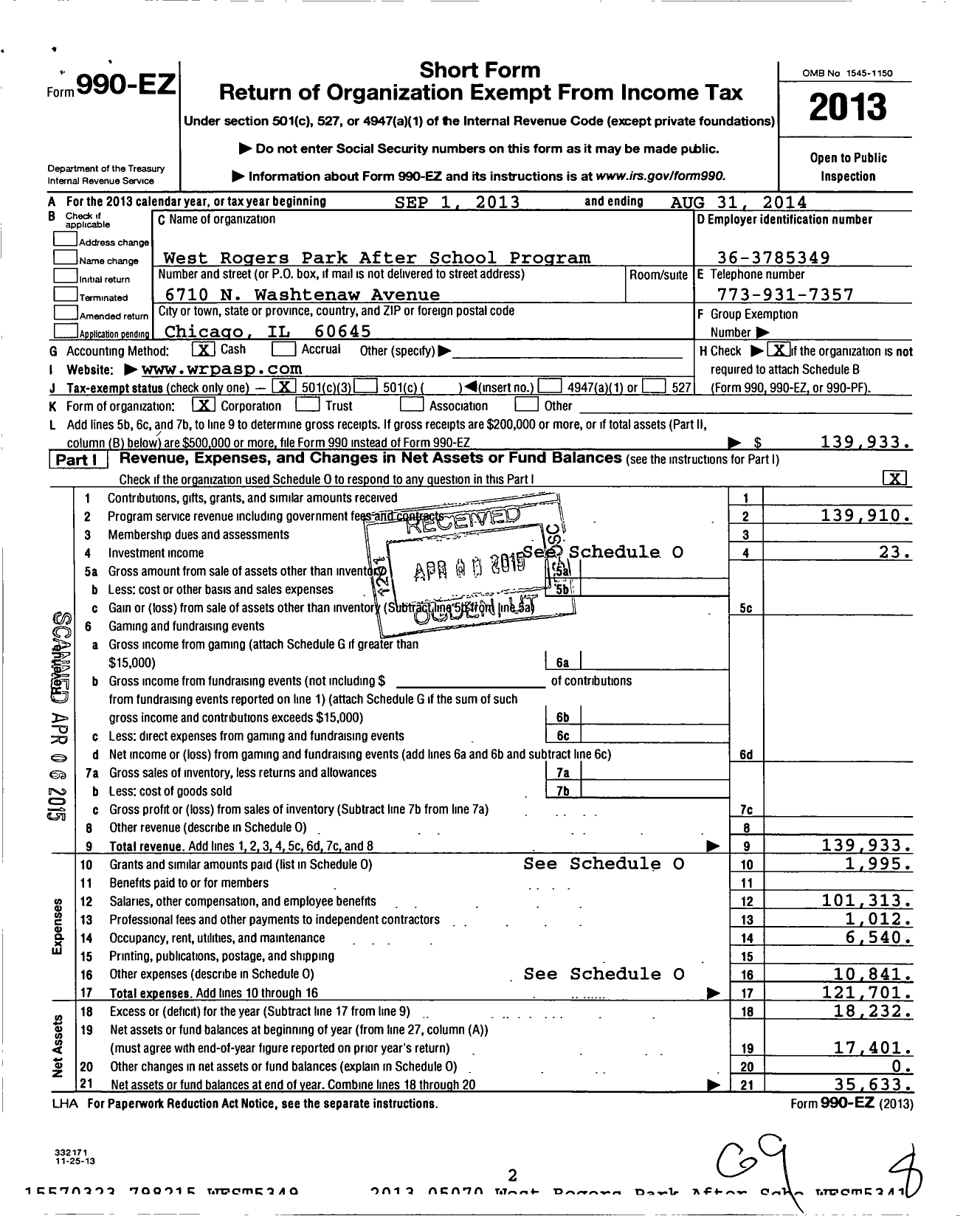 Image of first page of 2013 Form 990EZ for West Rogers Park After School Program