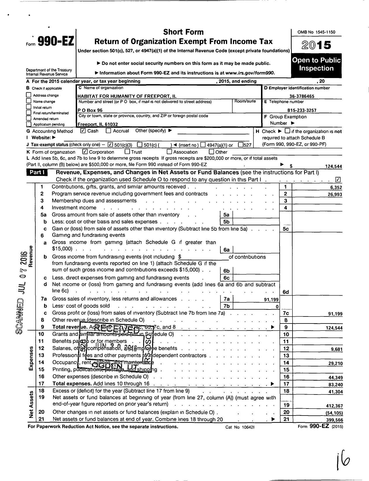 Image of first page of 2015 Form 990EZ for Habitat for Humanity - Stephenson Co Habitat for Humanity