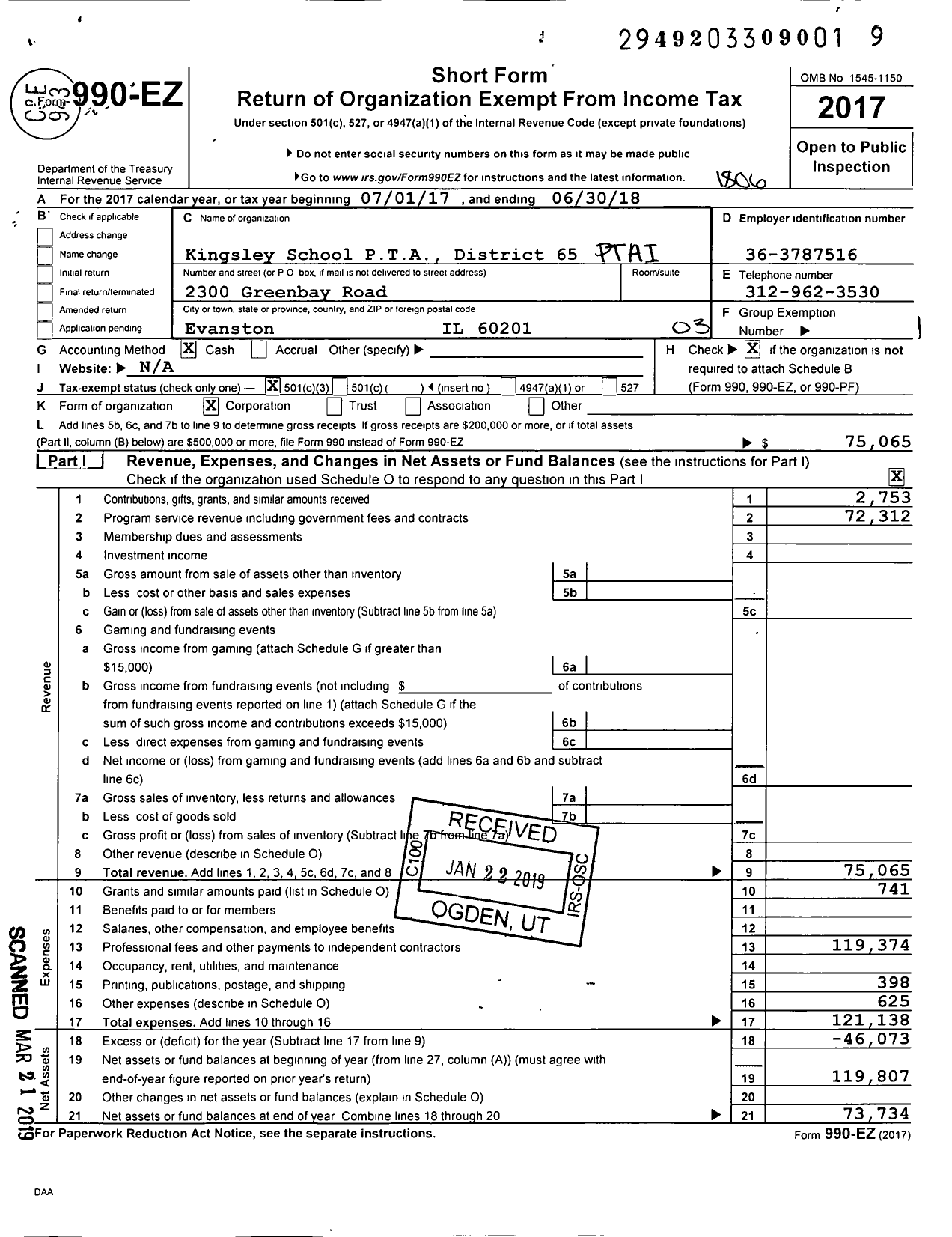 Image of first page of 2017 Form 990EZ for Illinois PTA - Kingsley PTA