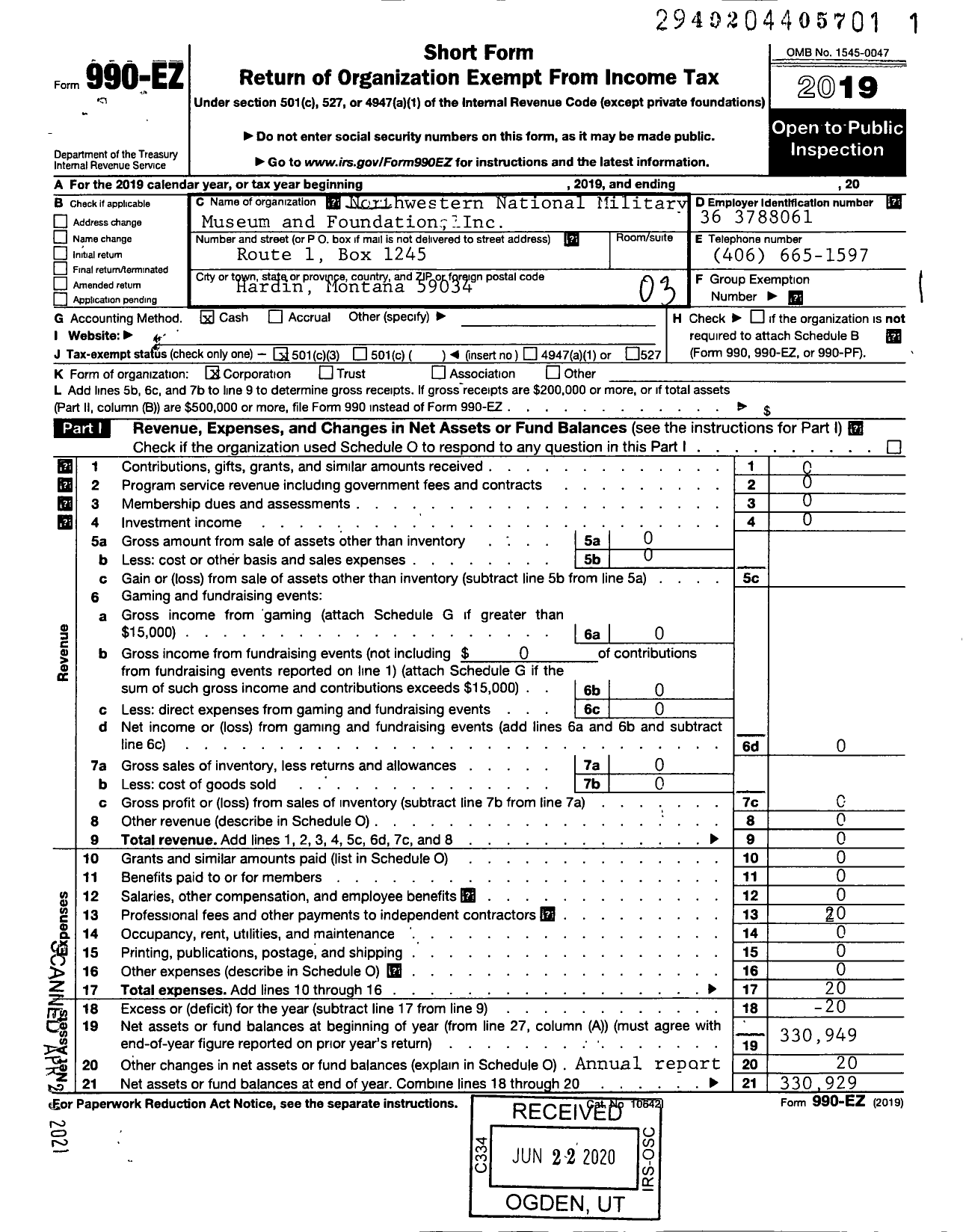 Image of first page of 2019 Form 990EZ for Northwestern National Military Museum and Foundation