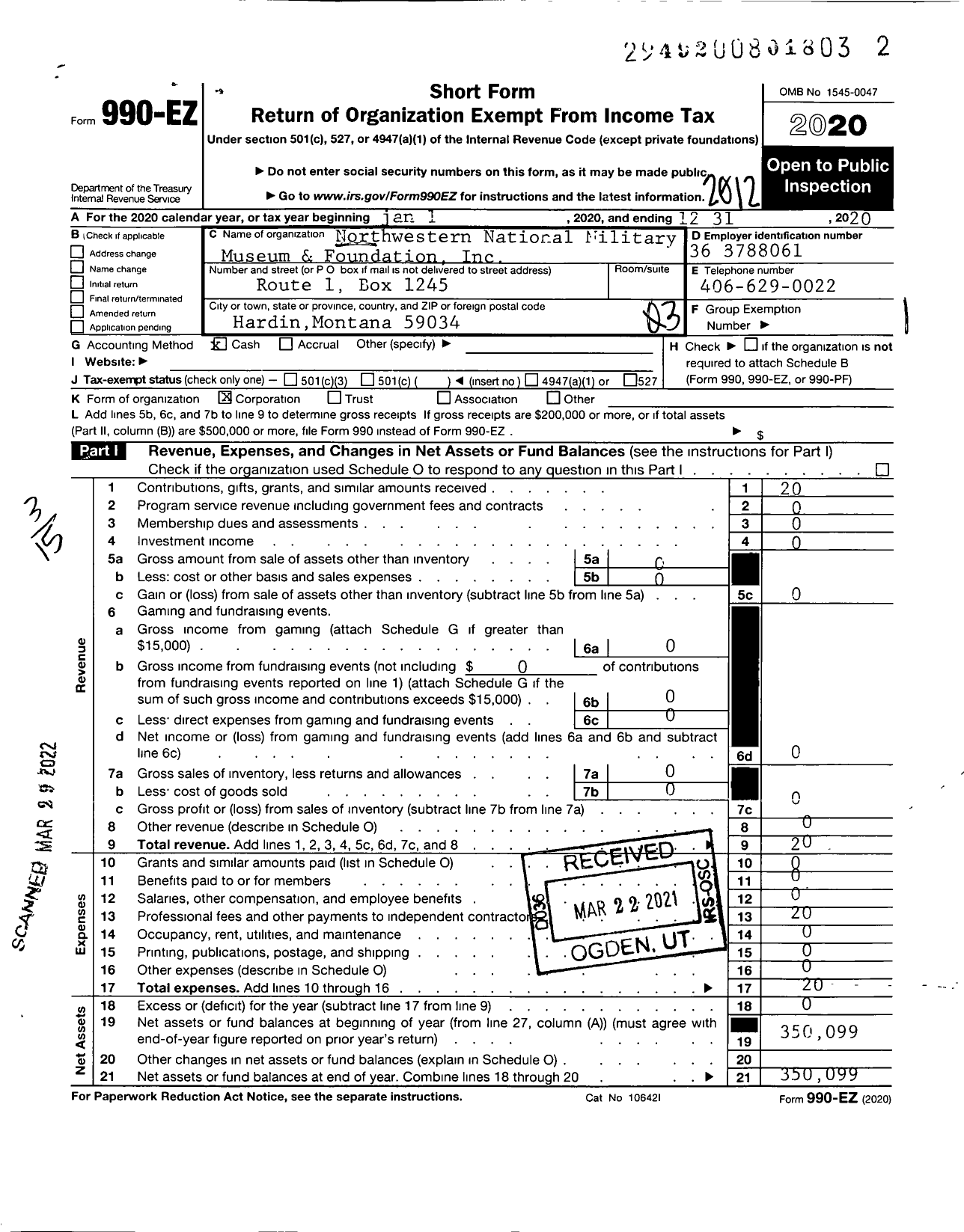 Image of first page of 2020 Form 990EZ for Northwestern National Military Museum and Foundation