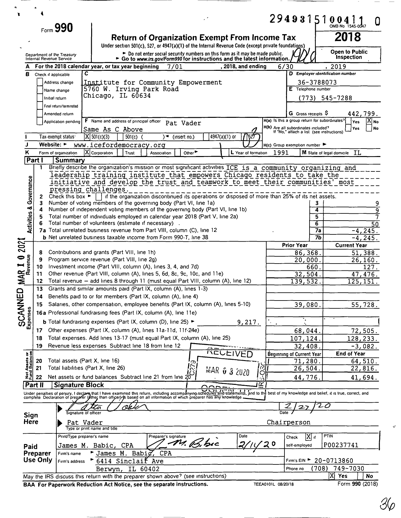 Image of first page of 2018 Form 990 for Institute for Community Empowerment