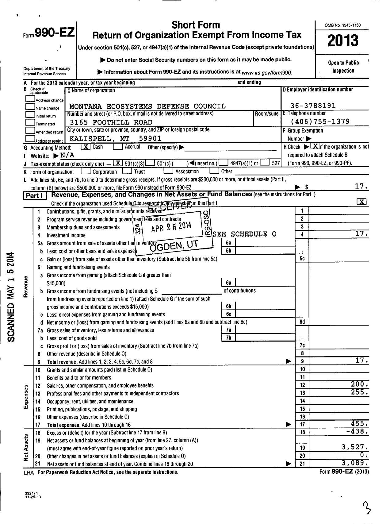 Image of first page of 2013 Form 990EZ for Council on Wildlife and Fish