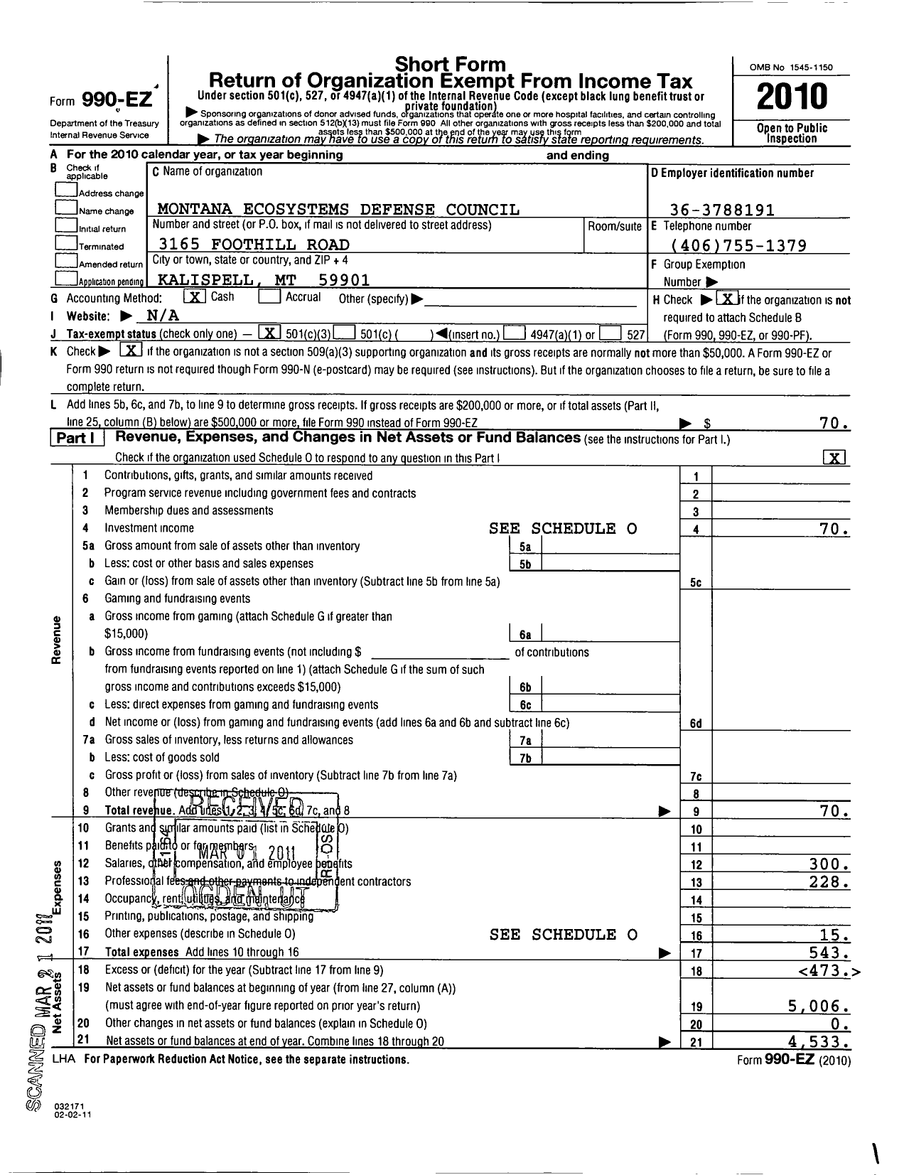 Image of first page of 2010 Form 990EZ for Council on Wildlife and Fish