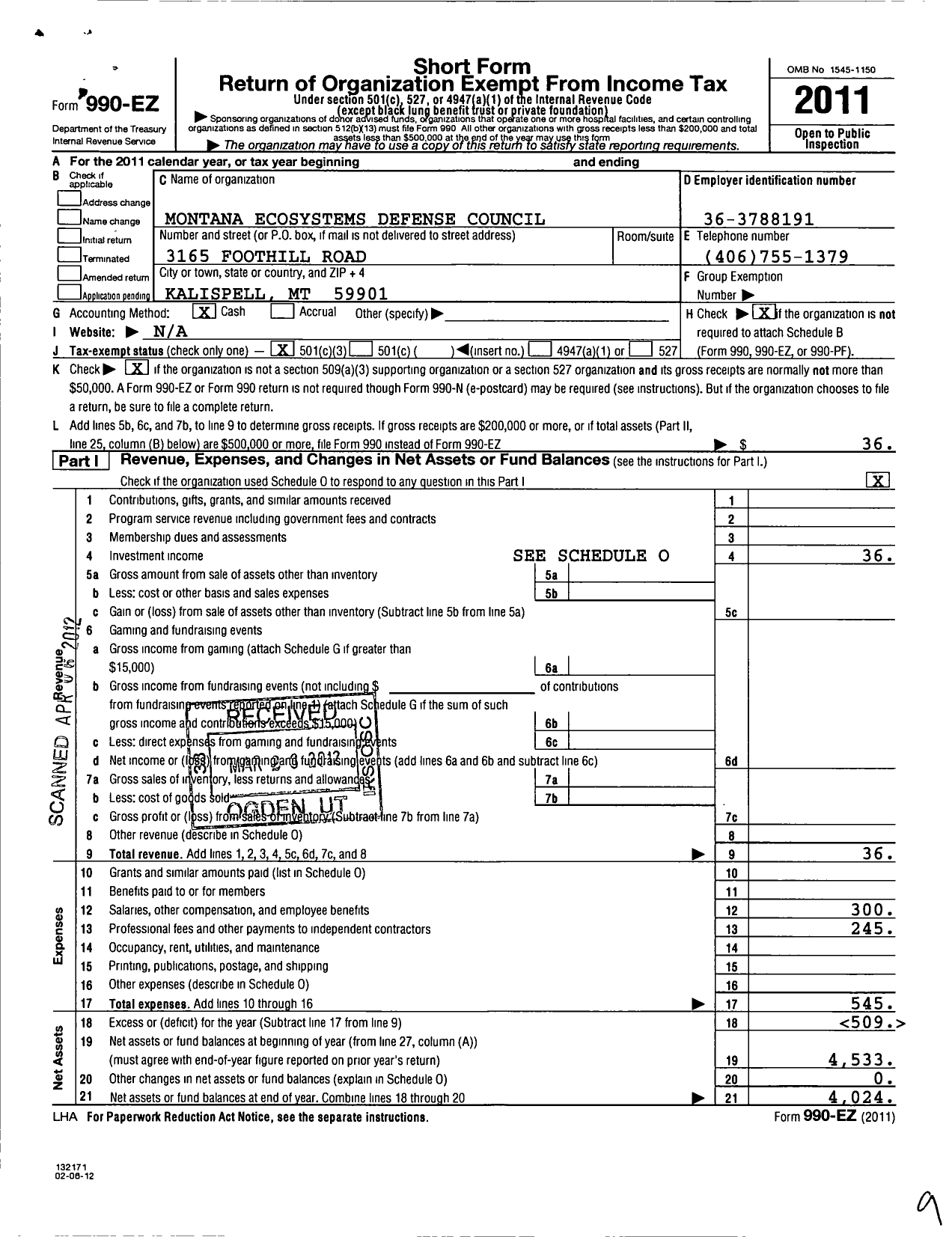 Image of first page of 2011 Form 990EZ for Council on Wildlife and Fish