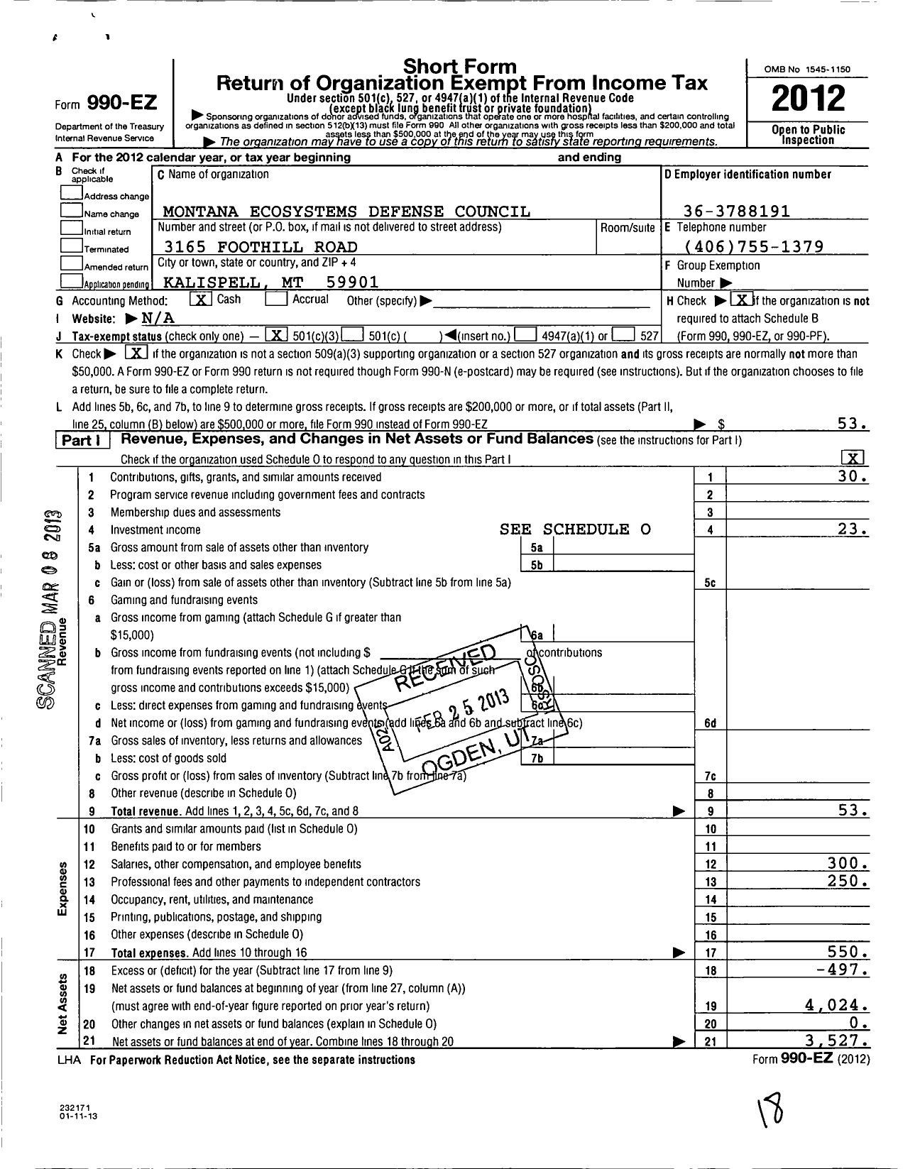 Image of first page of 2012 Form 990EZ for Council on Wildlife and Fish