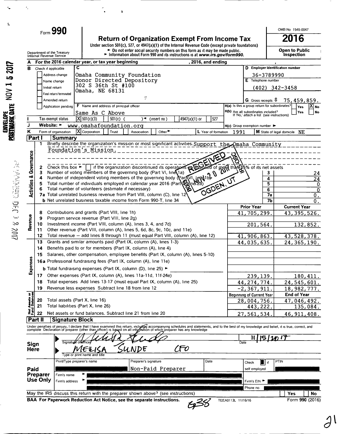 Image of first page of 2016 Form 990 for Omaha Community Foundation Donor Directed Depository