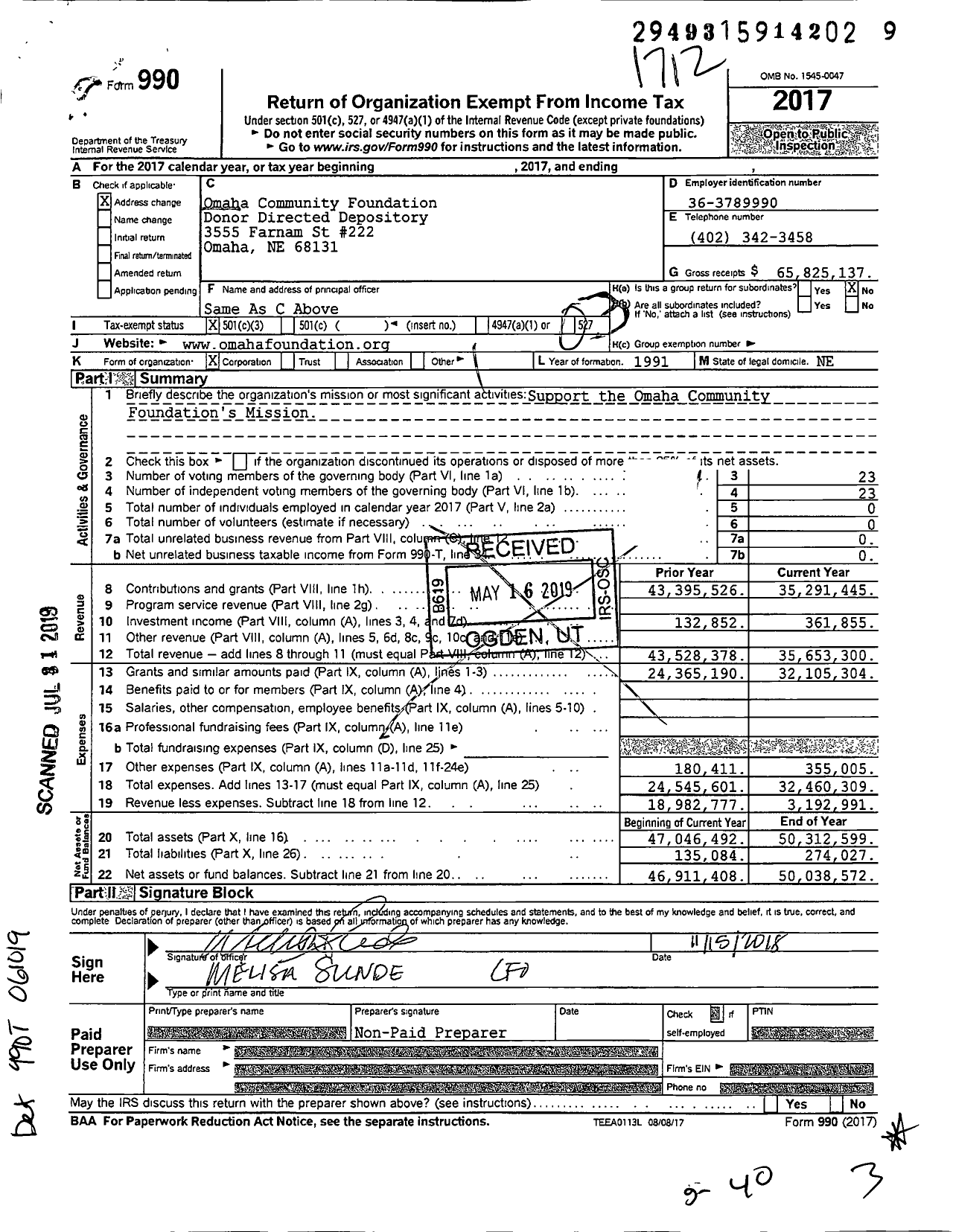 Image of first page of 2017 Form 990 for Omaha Community Foundation Donor Directed Depository