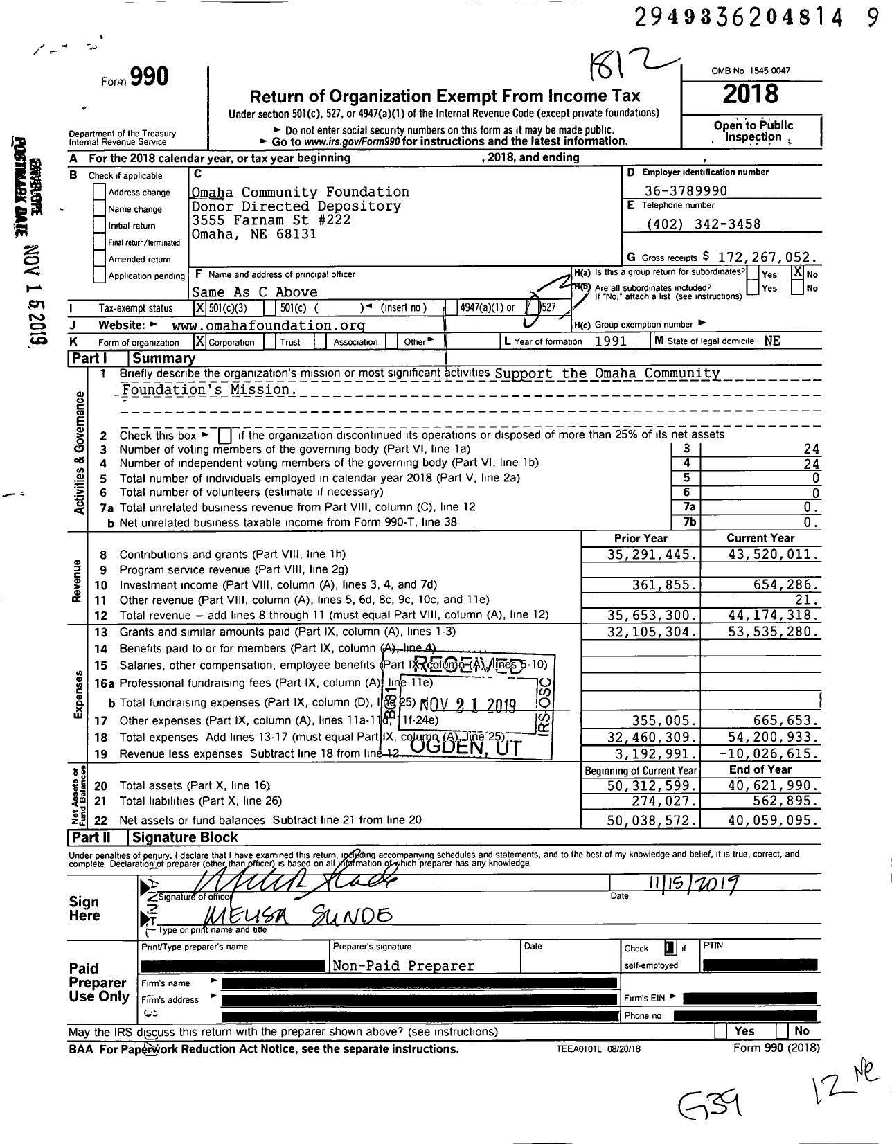 Image of first page of 2018 Form 990 for Omaha Community Foundation Donor Directed Depository