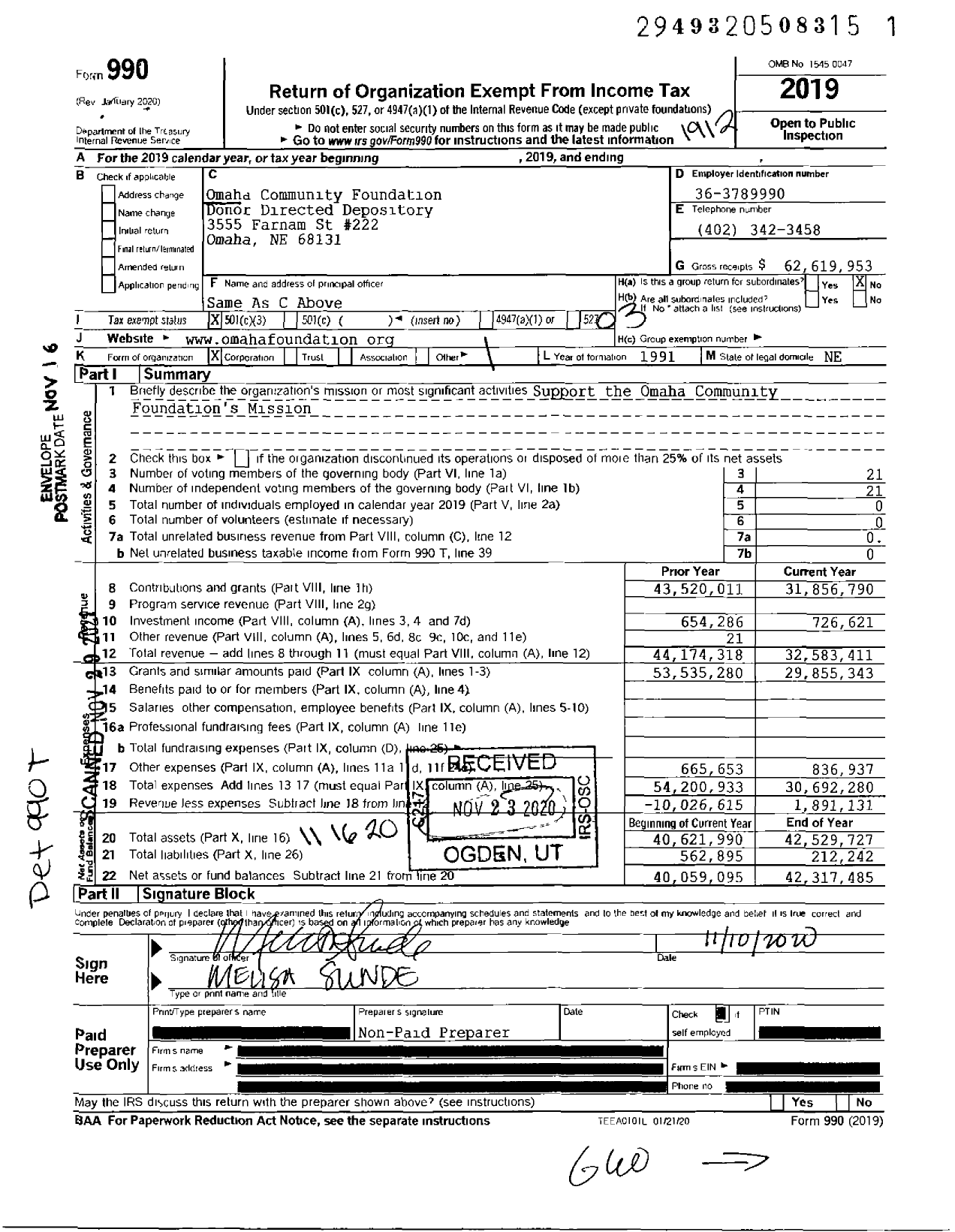 Image of first page of 2019 Form 990 for Omaha Community Foundation Donor Directed Depository