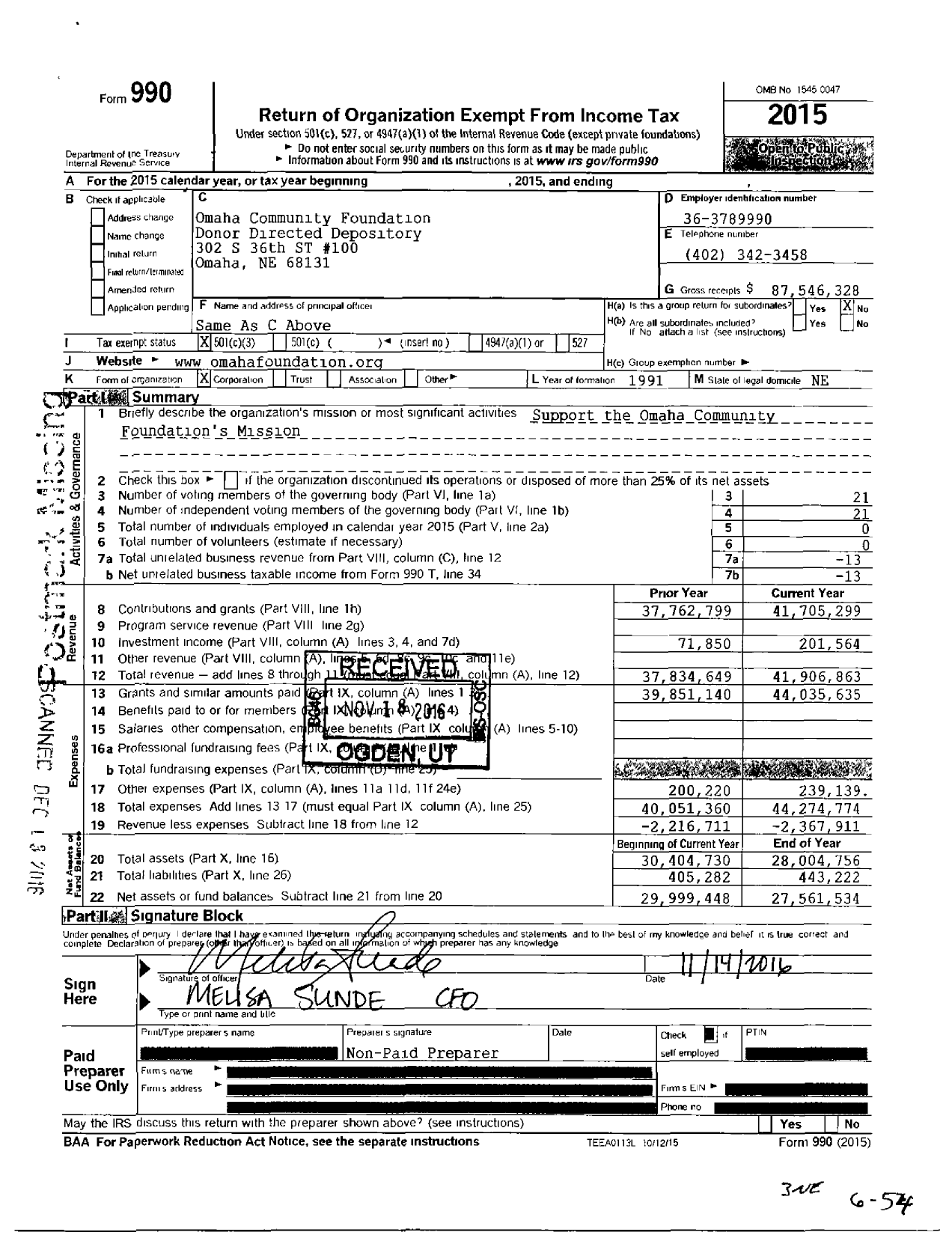 Image of first page of 2015 Form 990 for Omaha Community Foundation Donor Directed Depository