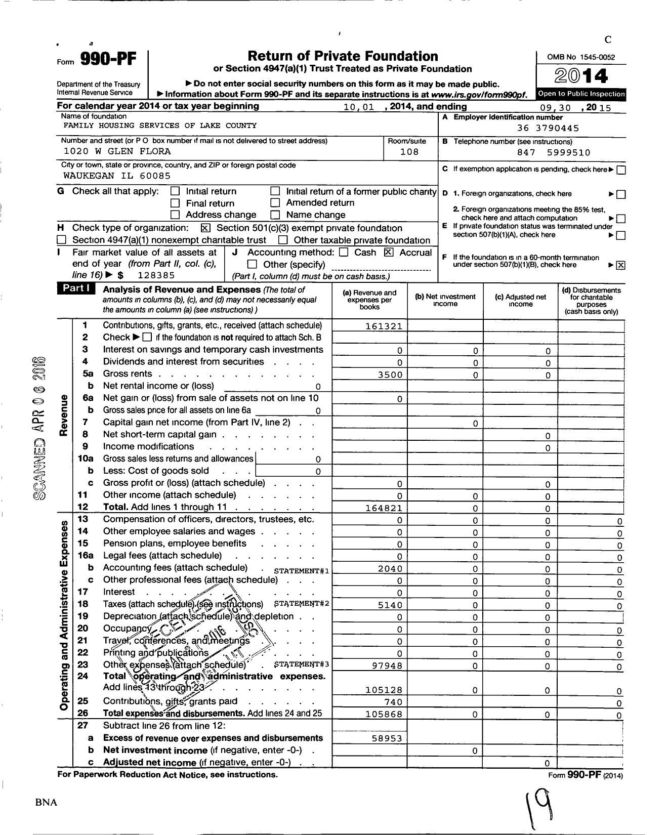 Image of first page of 2014 Form 990PF for Family Housing Services of Lake County