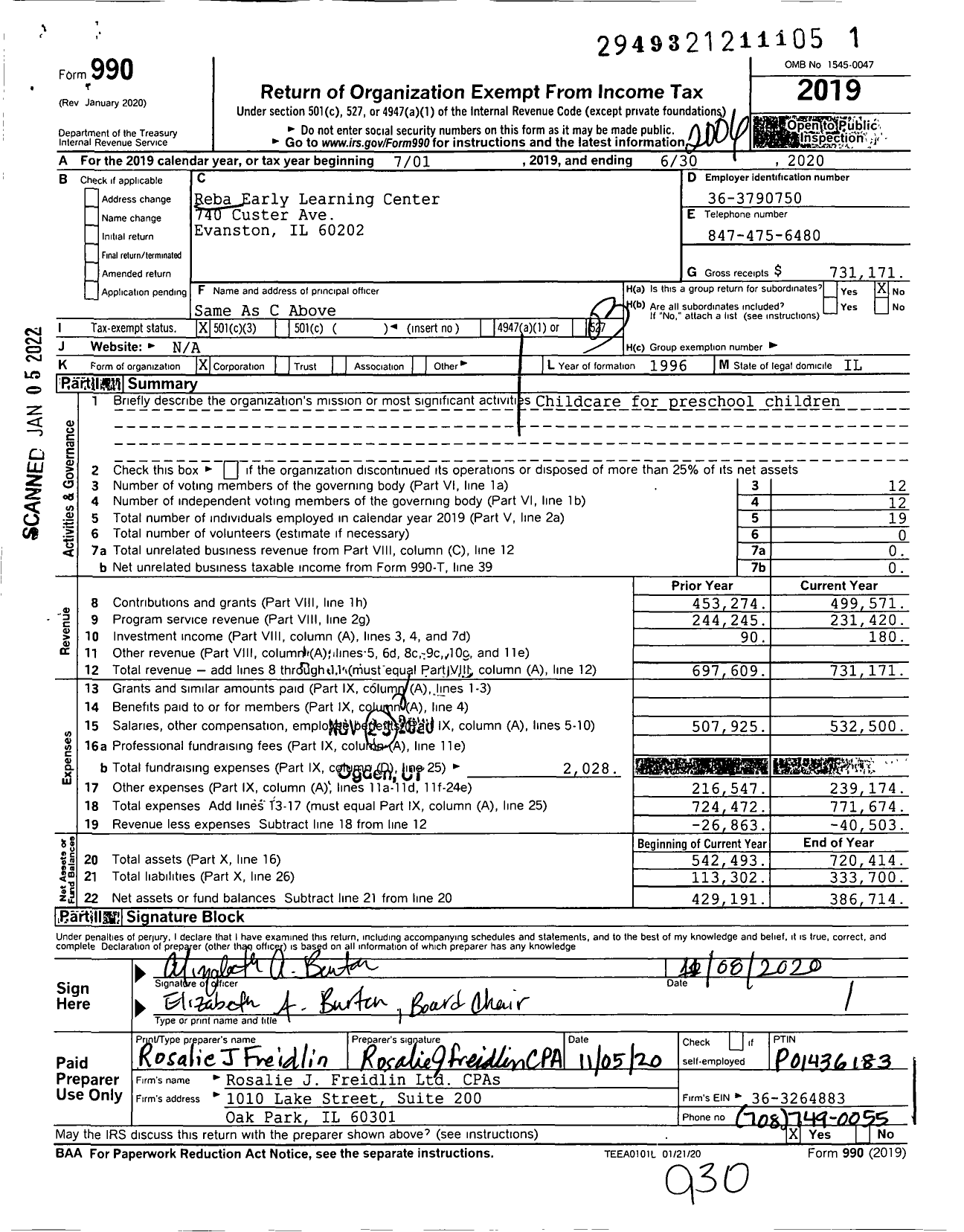 Image of first page of 2019 Form 990 for Reba Early Learning Center