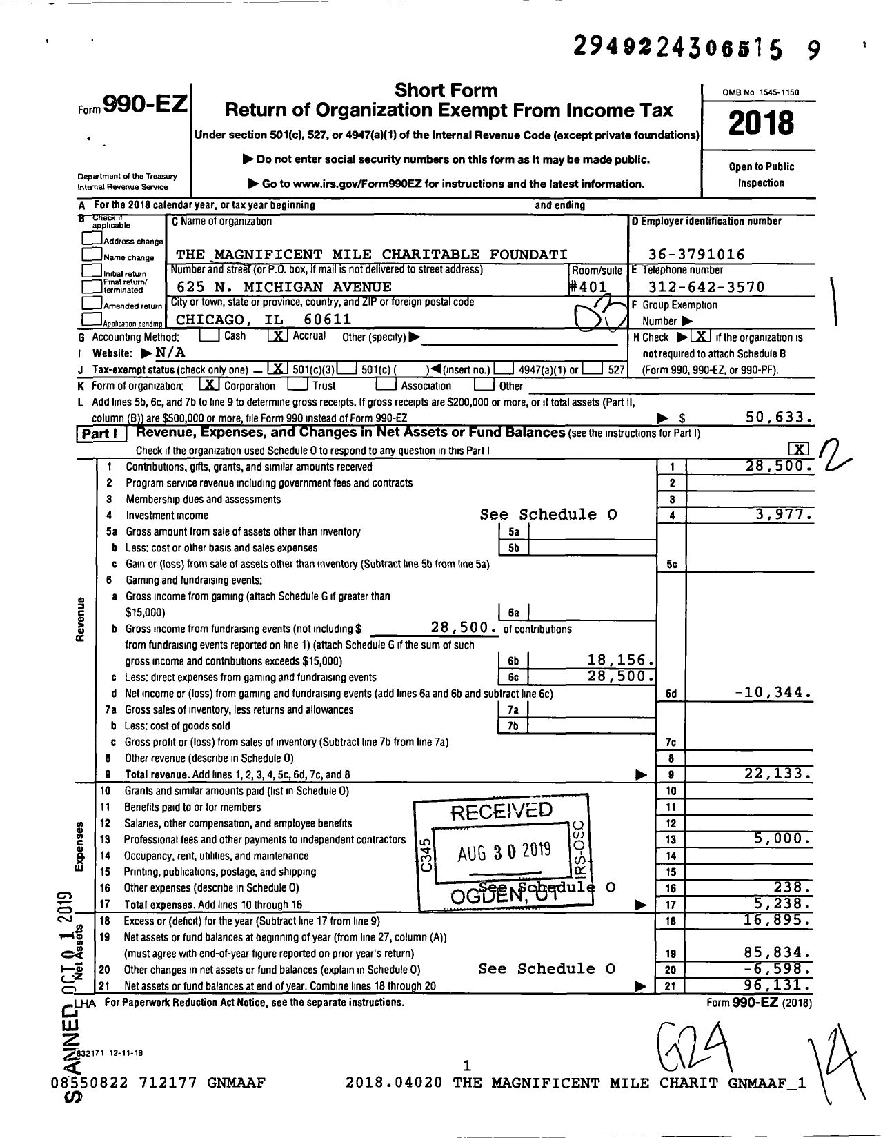 Image of first page of 2018 Form 990EZ for Magnificent Mile Charitable Foundation