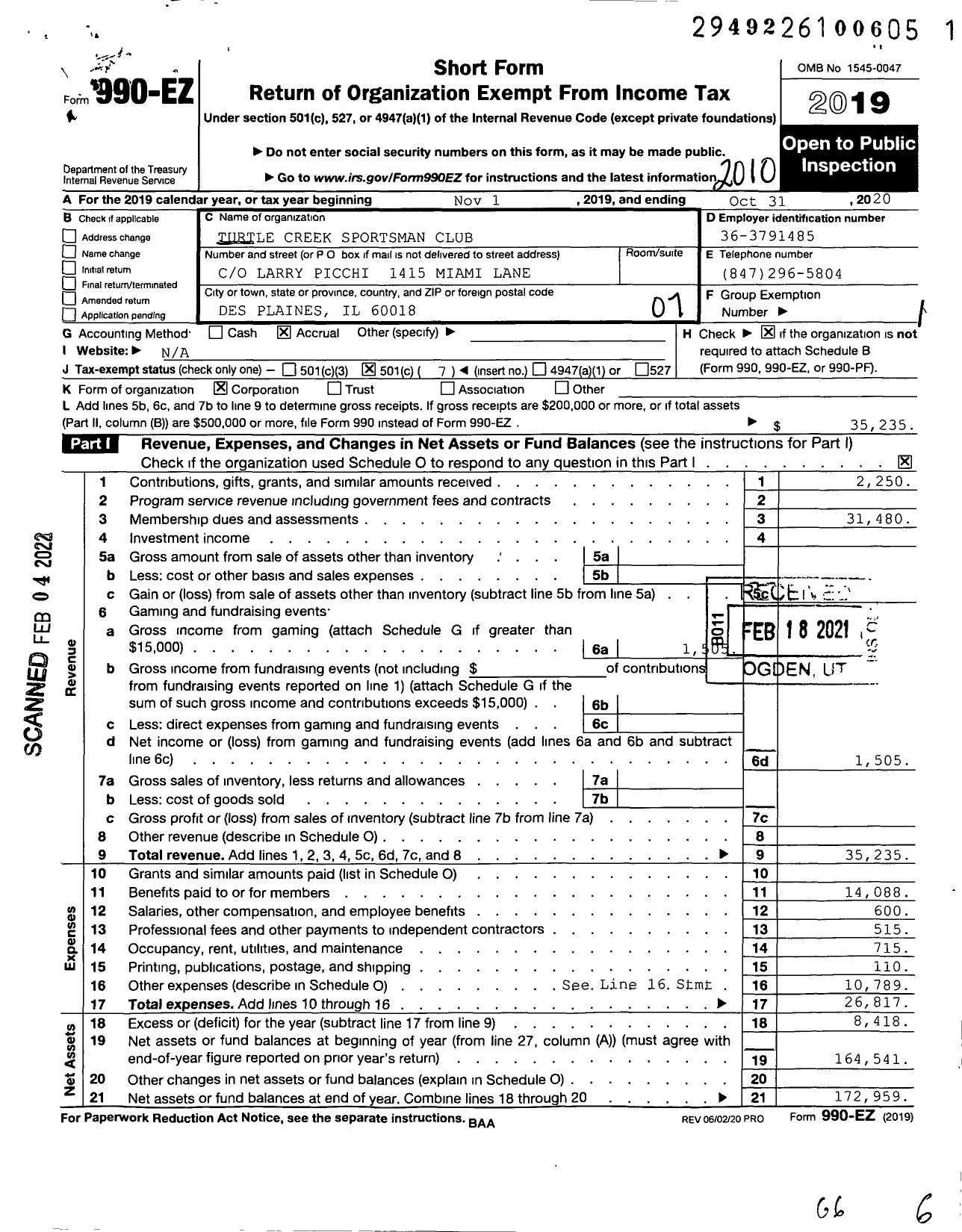 Image of first page of 2019 Form 990EO for Turtle Creek Sportsman Club