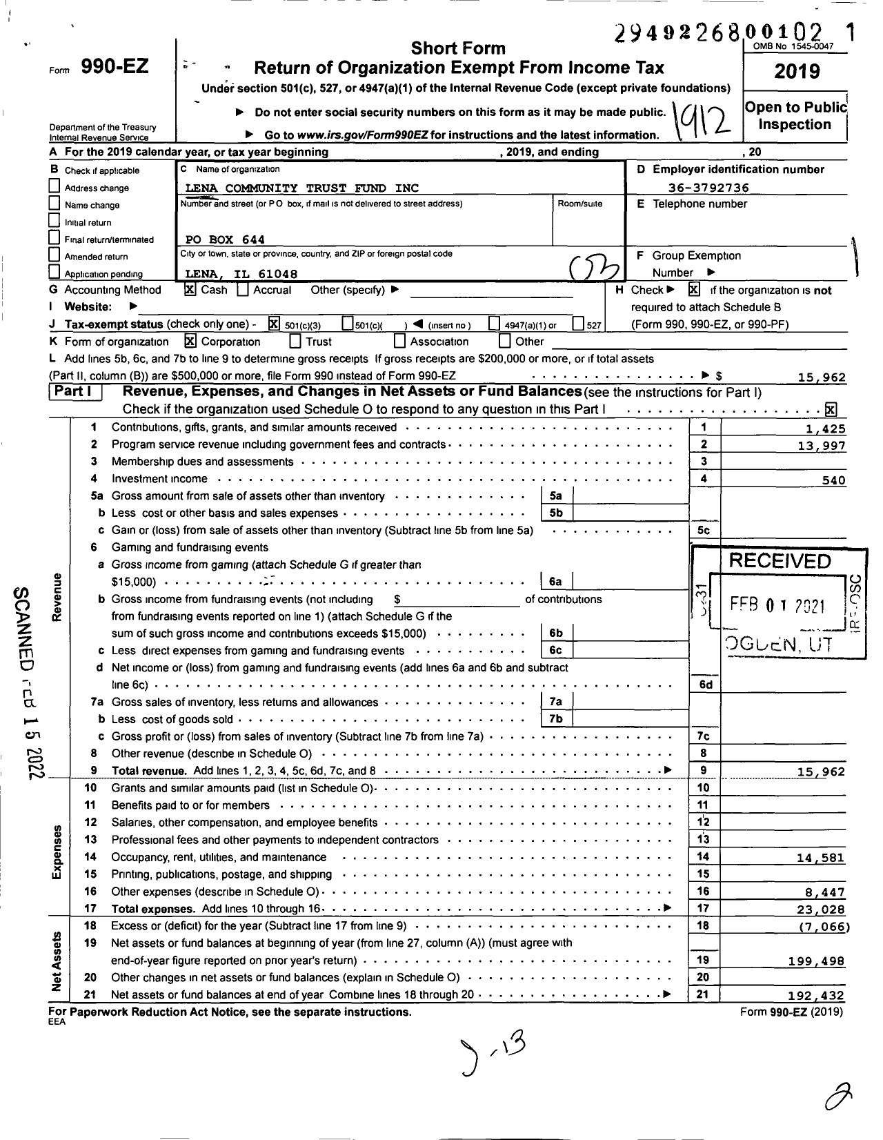 Image of first page of 2019 Form 990EZ for Lena Community Trust Fund