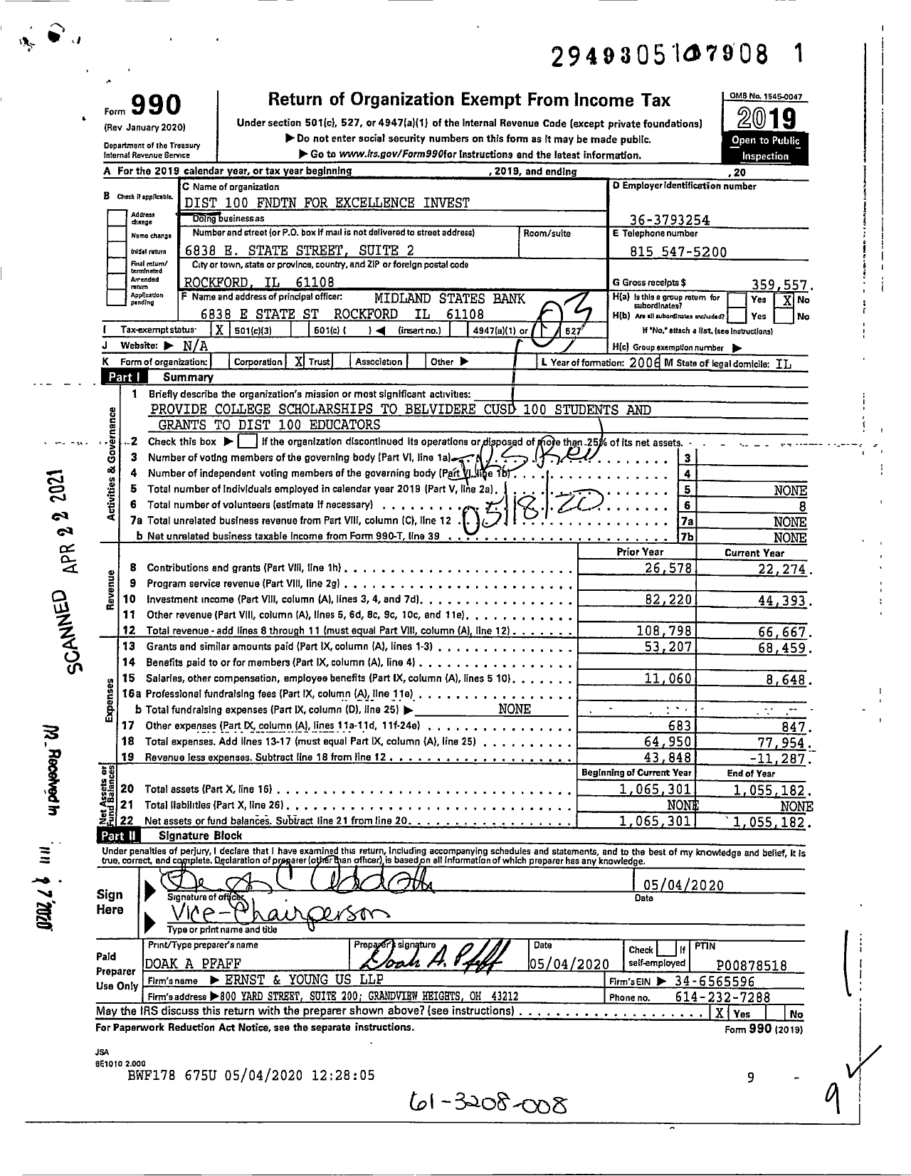 Image of first page of 2019 Form 990 for DIST 100 FndTN FOR EXCELLENCE INVEST
