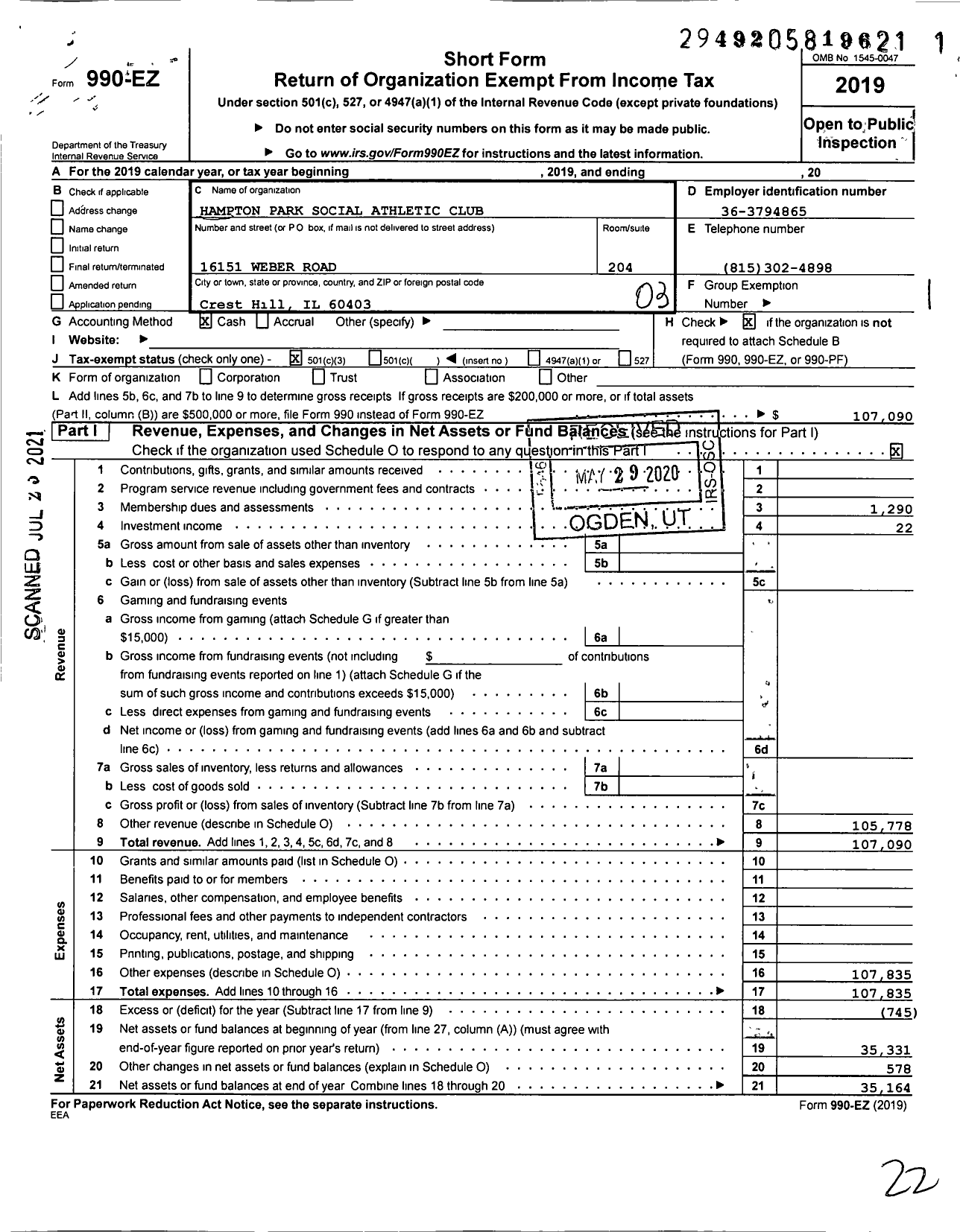 Image of first page of 2019 Form 990EZ for Hampton Park Social Athletic Club