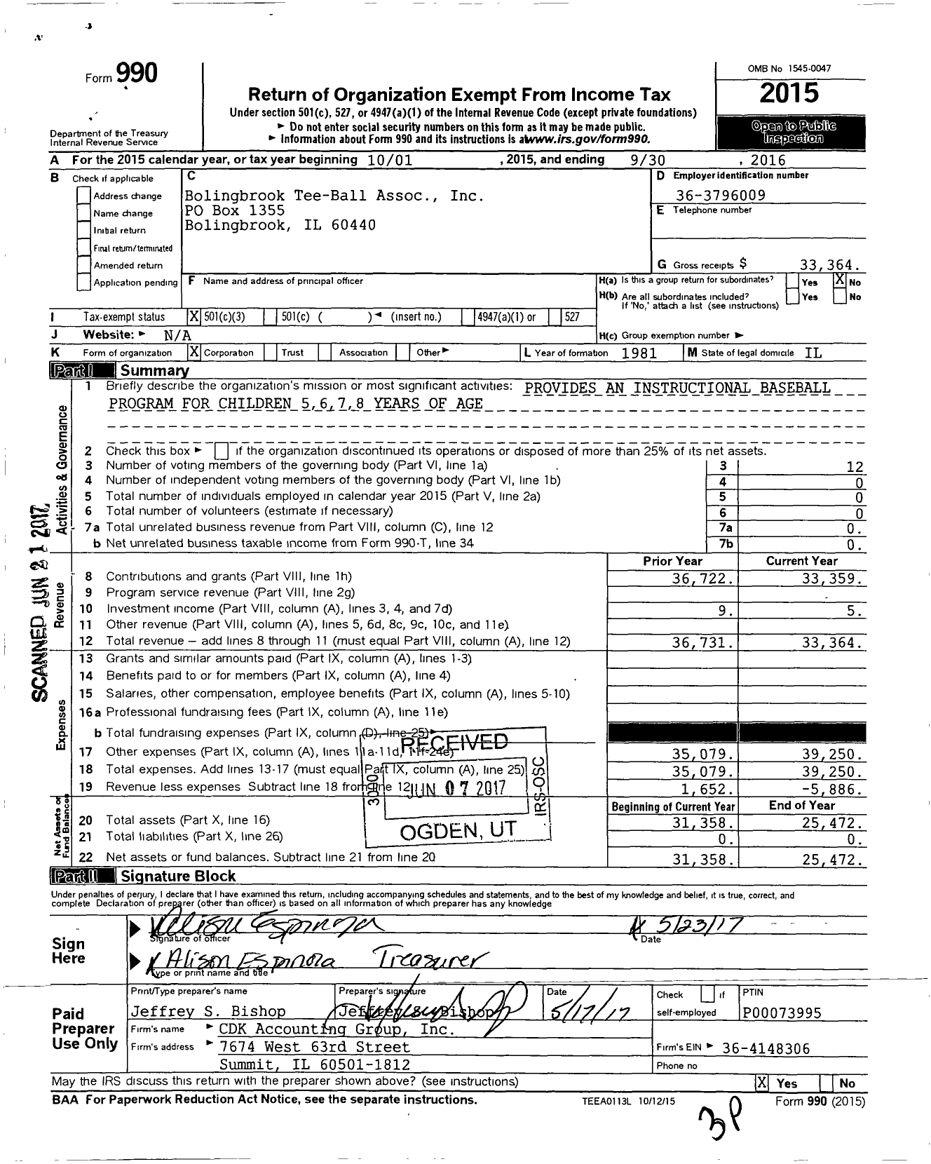 Image of first page of 2015 Form 990 for Bolingbrook Tee-Ball Association