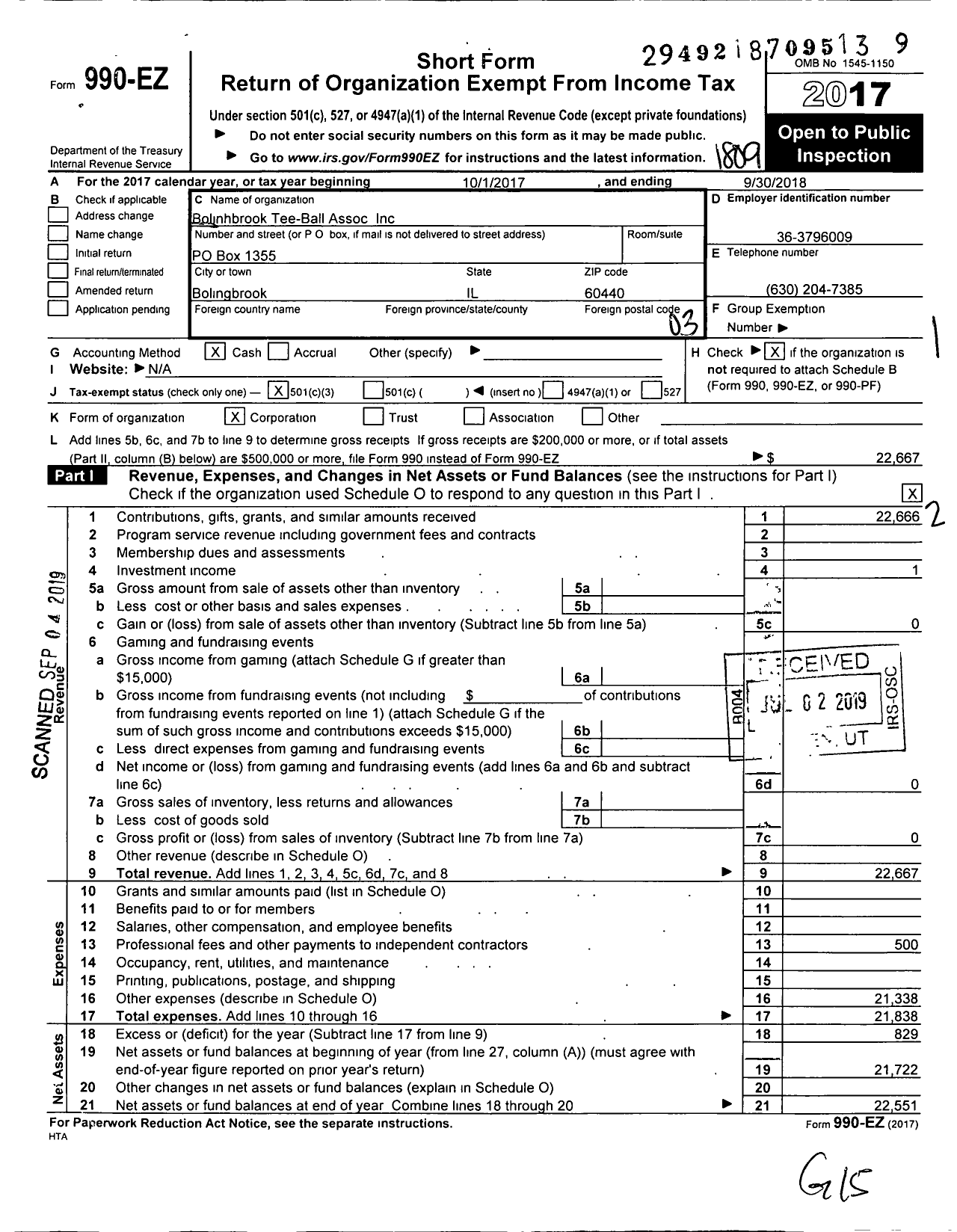 Image of first page of 2017 Form 990EZ for Bolingbrook Tee-Ball Association