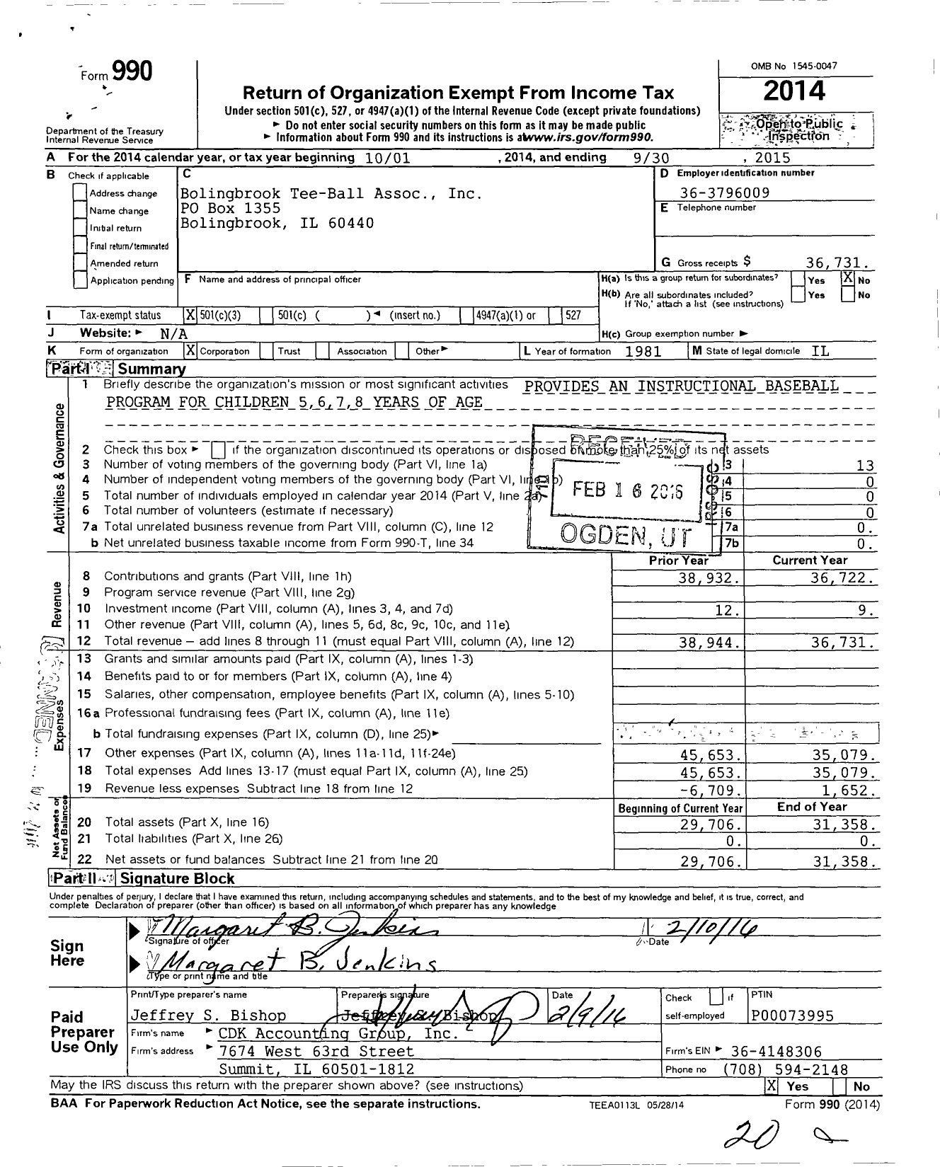 Image of first page of 2014 Form 990 for Bolingbrook Tee-Ball Association