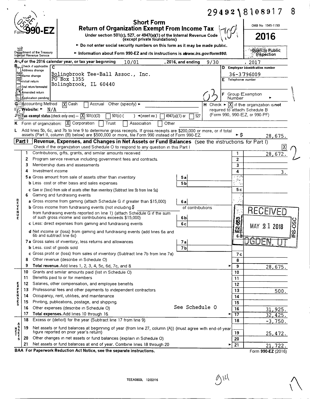 Image of first page of 2016 Form 990EZ for Bolingbrook Tee-Ball Association