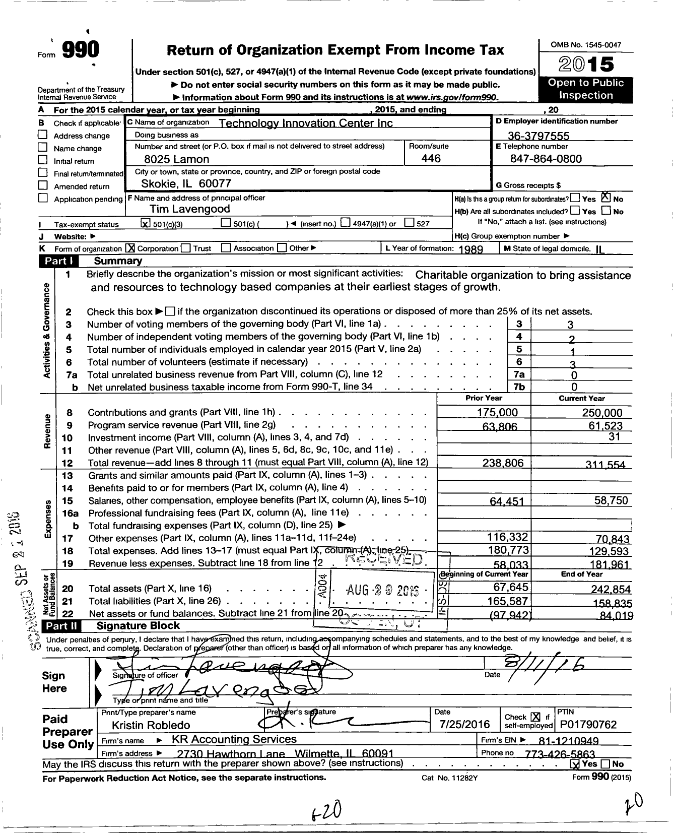 Image of first page of 2015 Form 990 for Technology Innovation Center