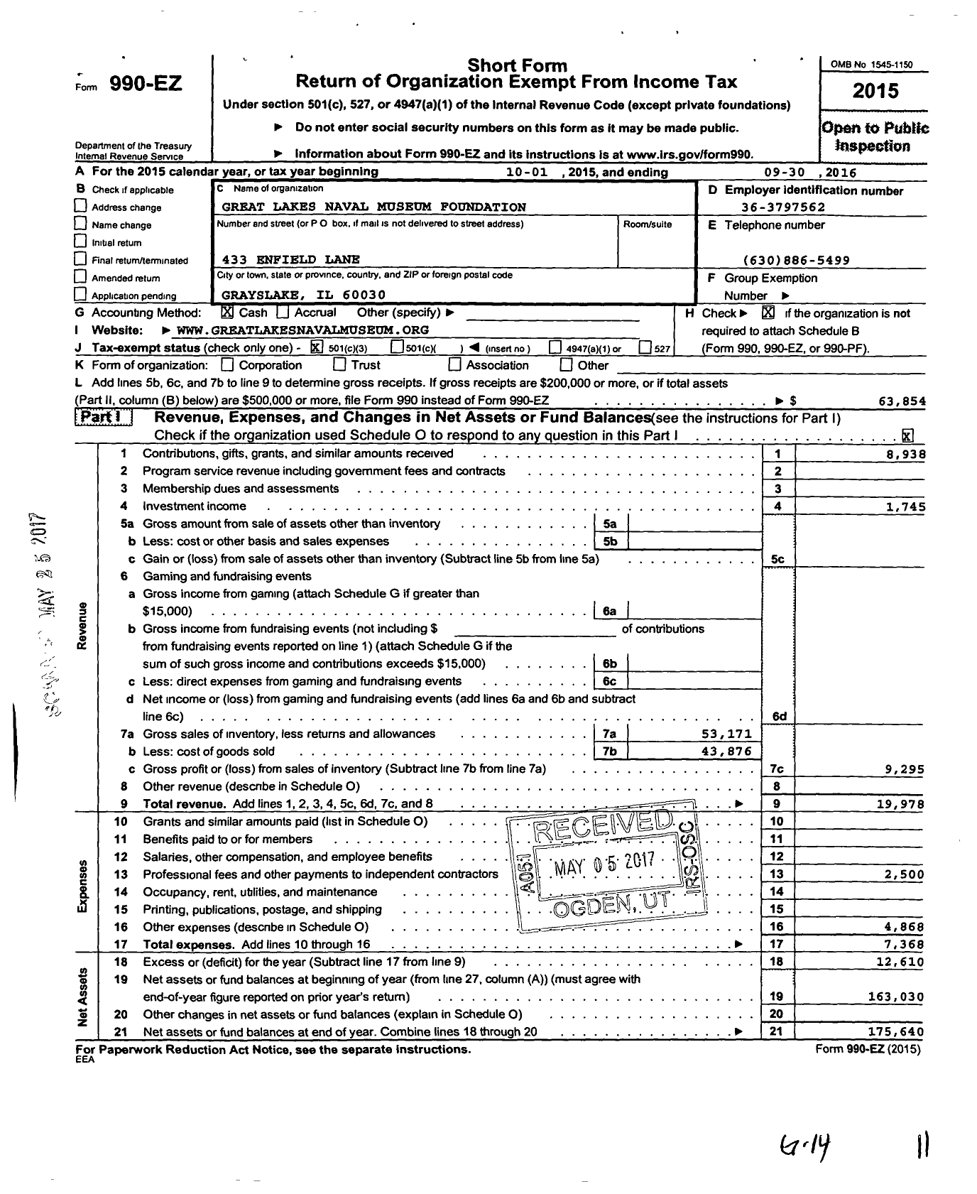 Image of first page of 2015 Form 990EZ for National Museum of the American Sailor