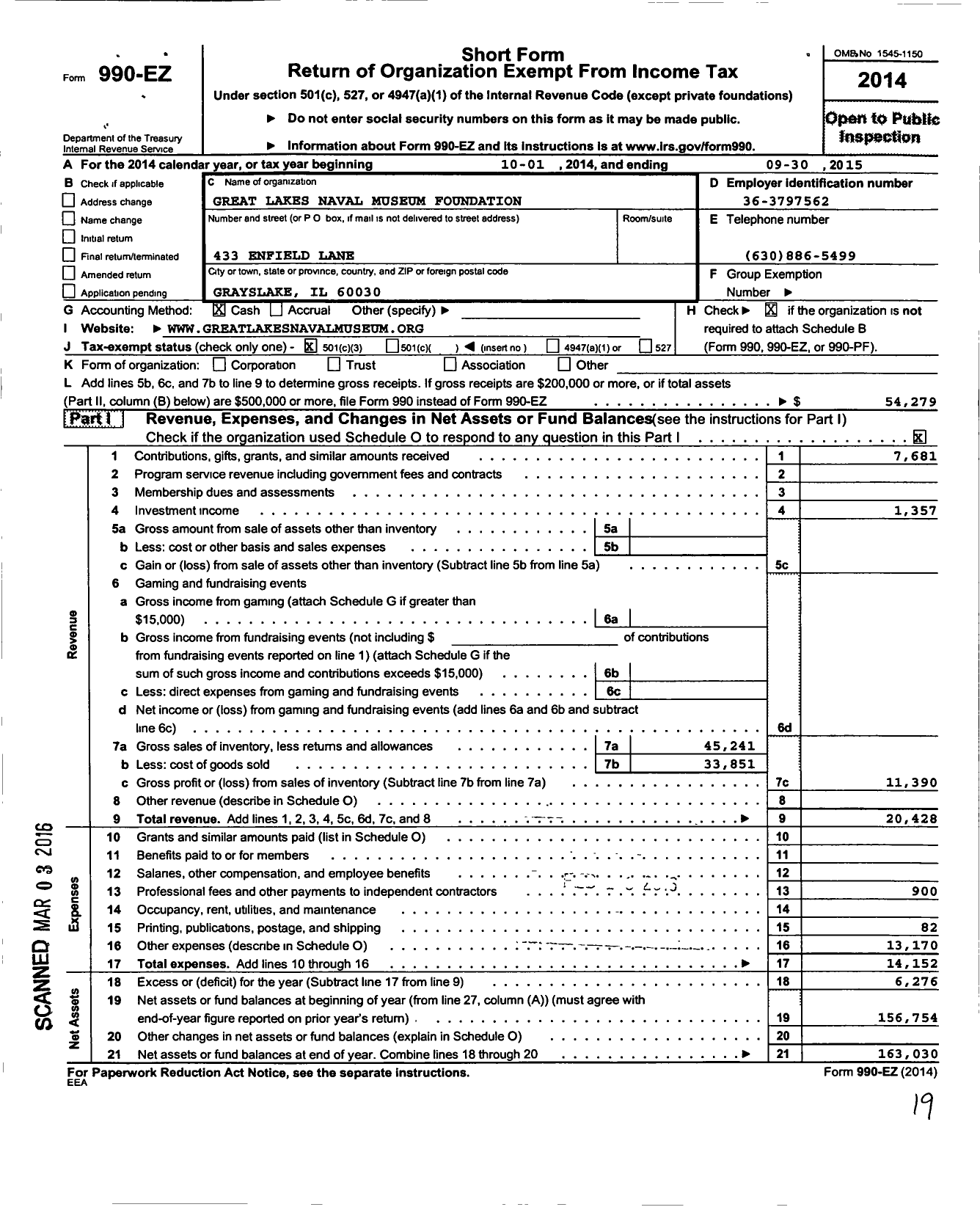 Image of first page of 2014 Form 990EZ for National Museum of the American Sailor