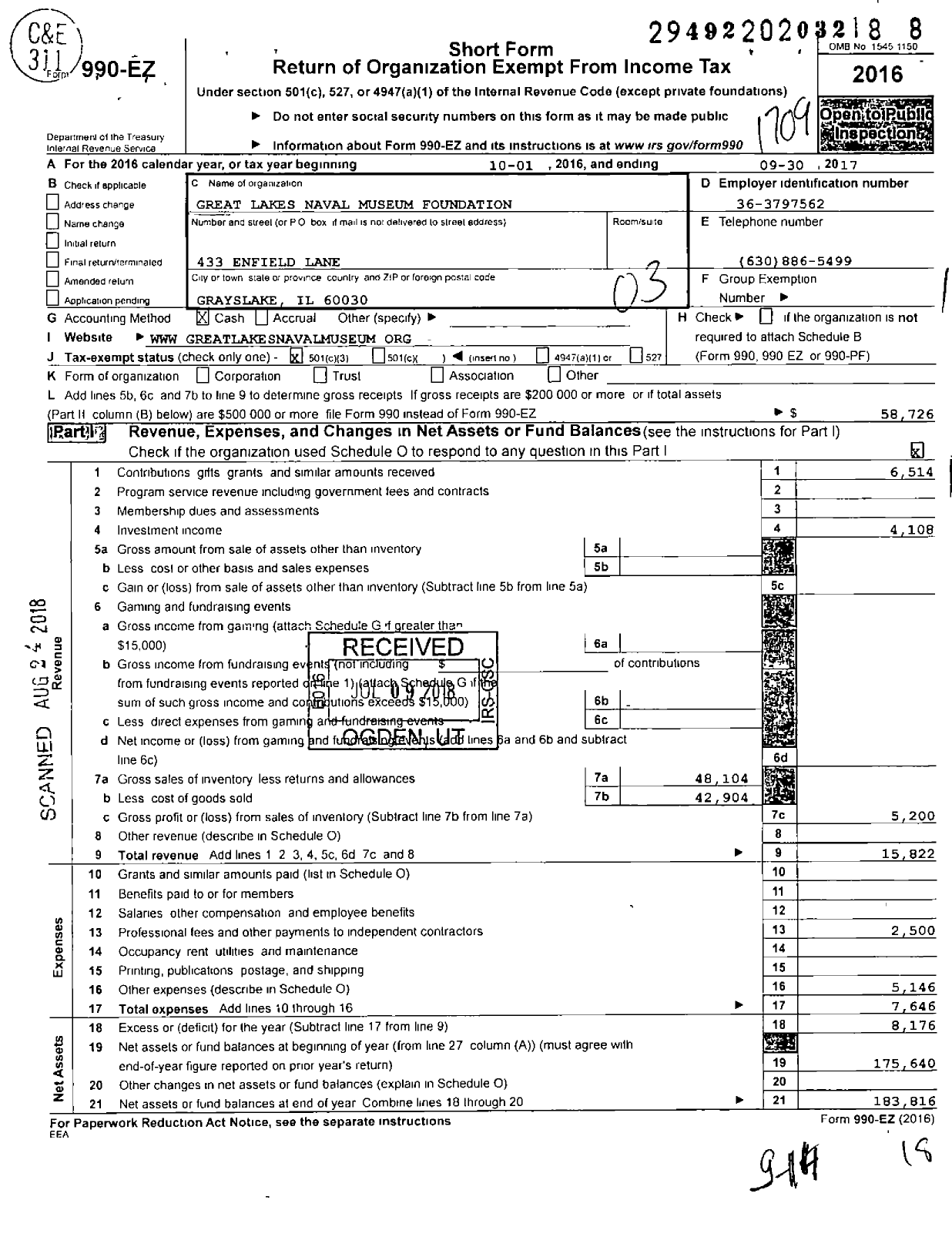 Image of first page of 2016 Form 990EZ for National Museum of the American Sailor