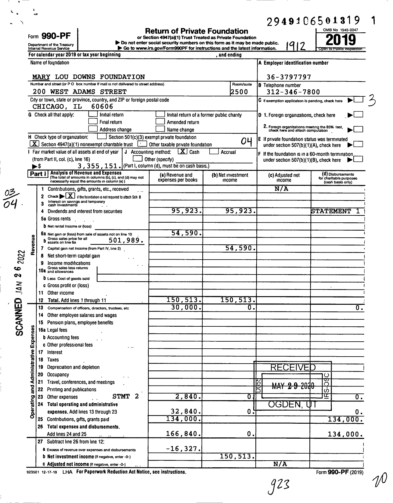 Image of first page of 2019 Form 990PF for Mary Lou Downs Foundation