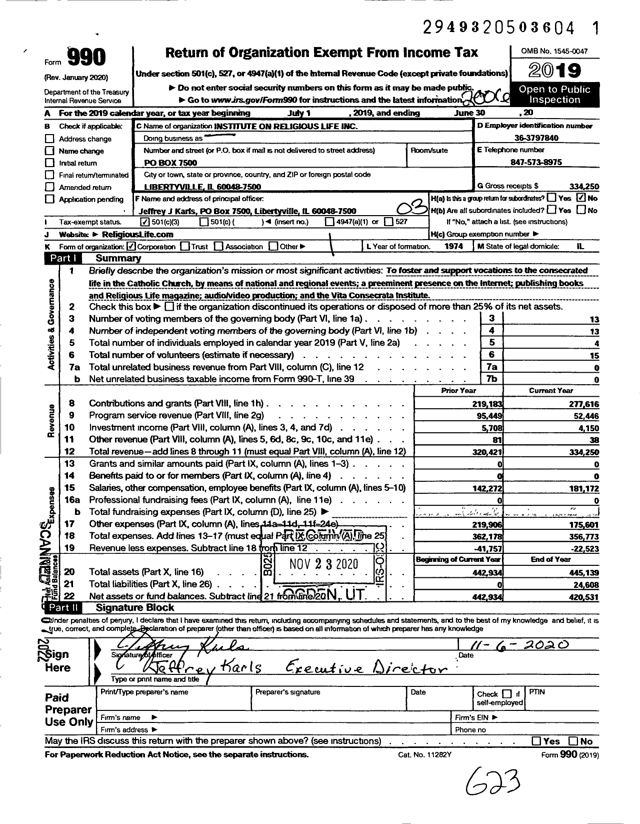 Image of first page of 2019 Form 990 for Institute on Religious Life