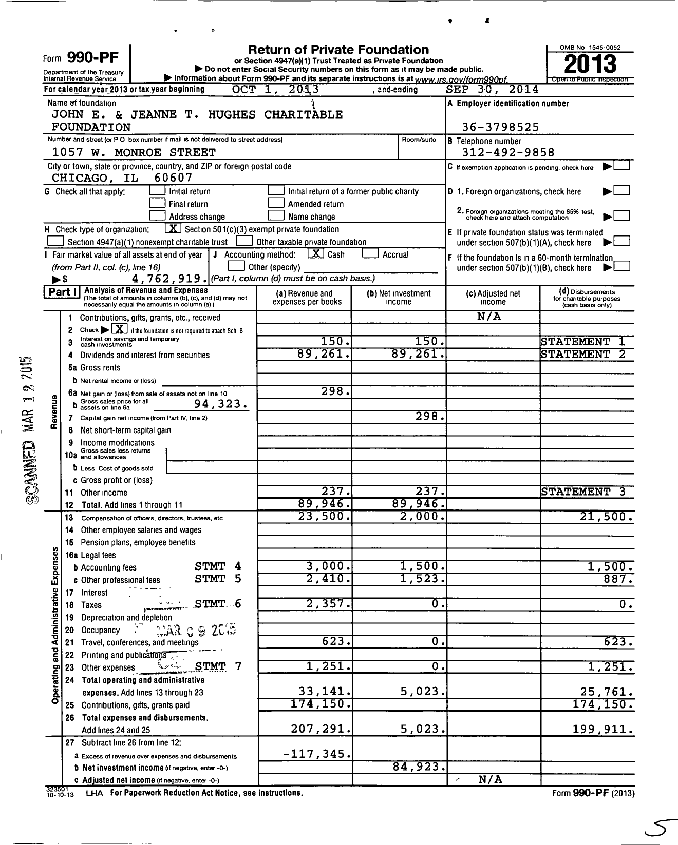 Image of first page of 2013 Form 990PF for John E and Jeanne T Hughes Charitable Foundation