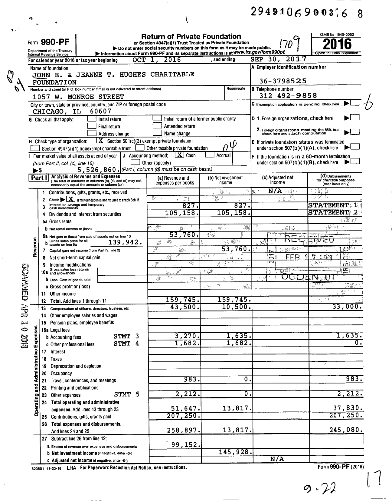 Image of first page of 2016 Form 990PF for John E and Jeanne T Hughes Charitable Foundation