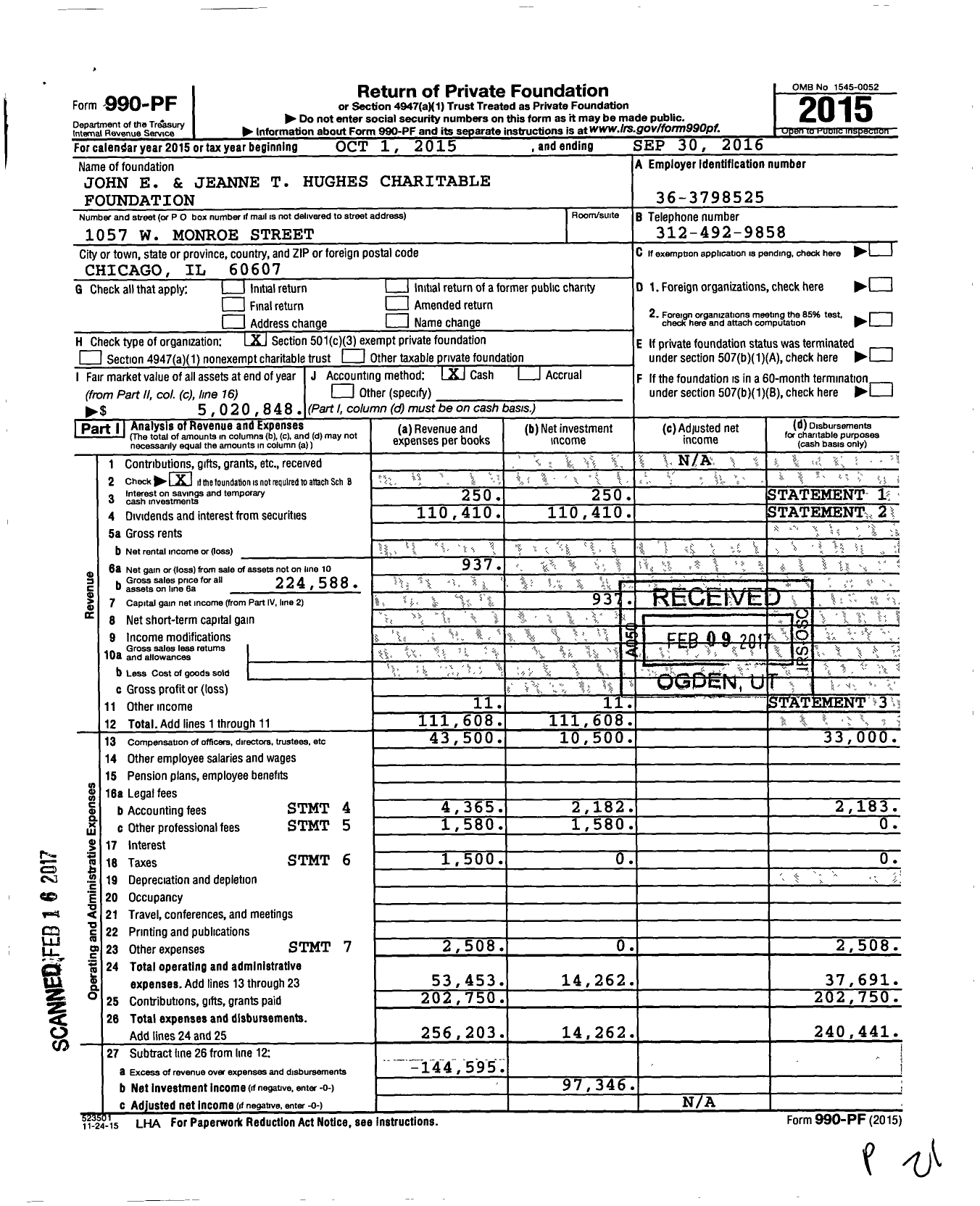 Image of first page of 2015 Form 990PF for John E and Jeanne T Hughes Charitable Foundation
