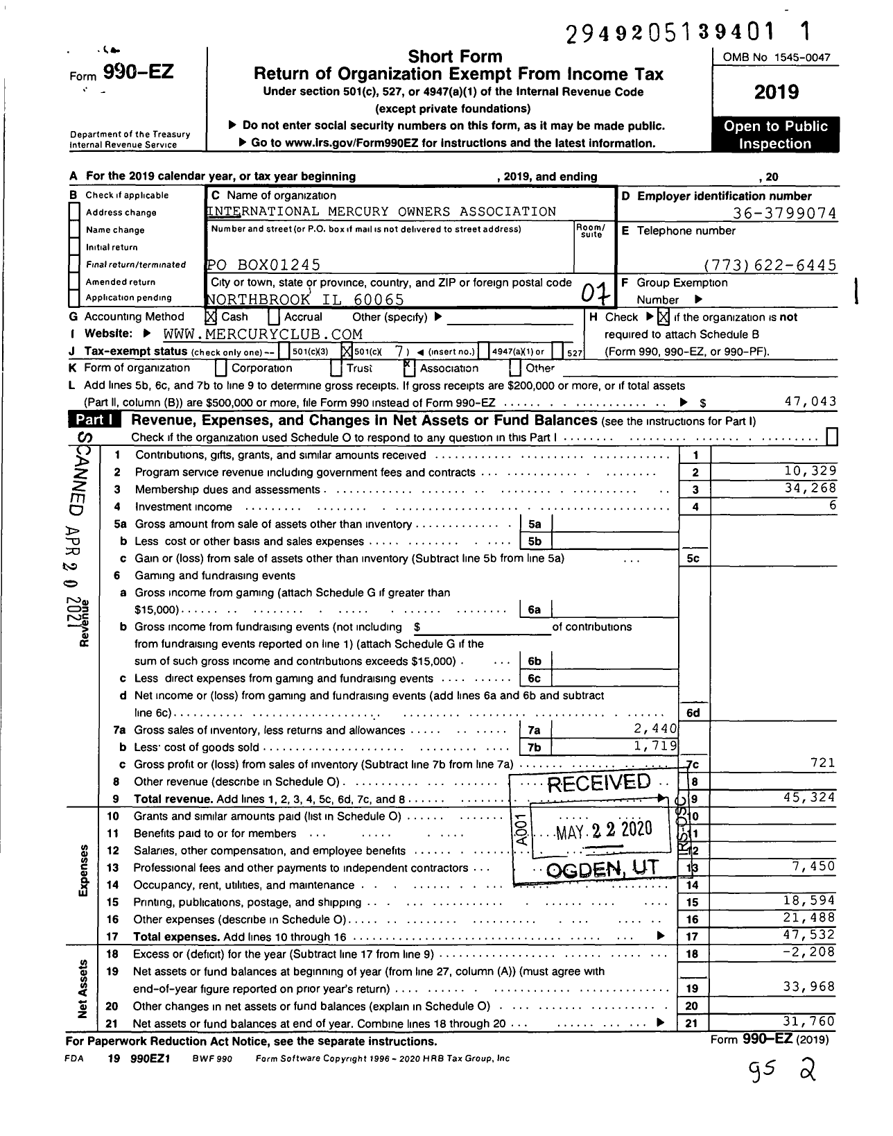 Image of first page of 2019 Form 990EO for International Mercury Owners Association