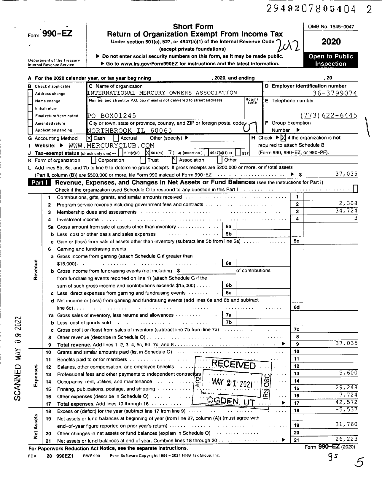 Image of first page of 2020 Form 990EO for International Mercury Owners Association