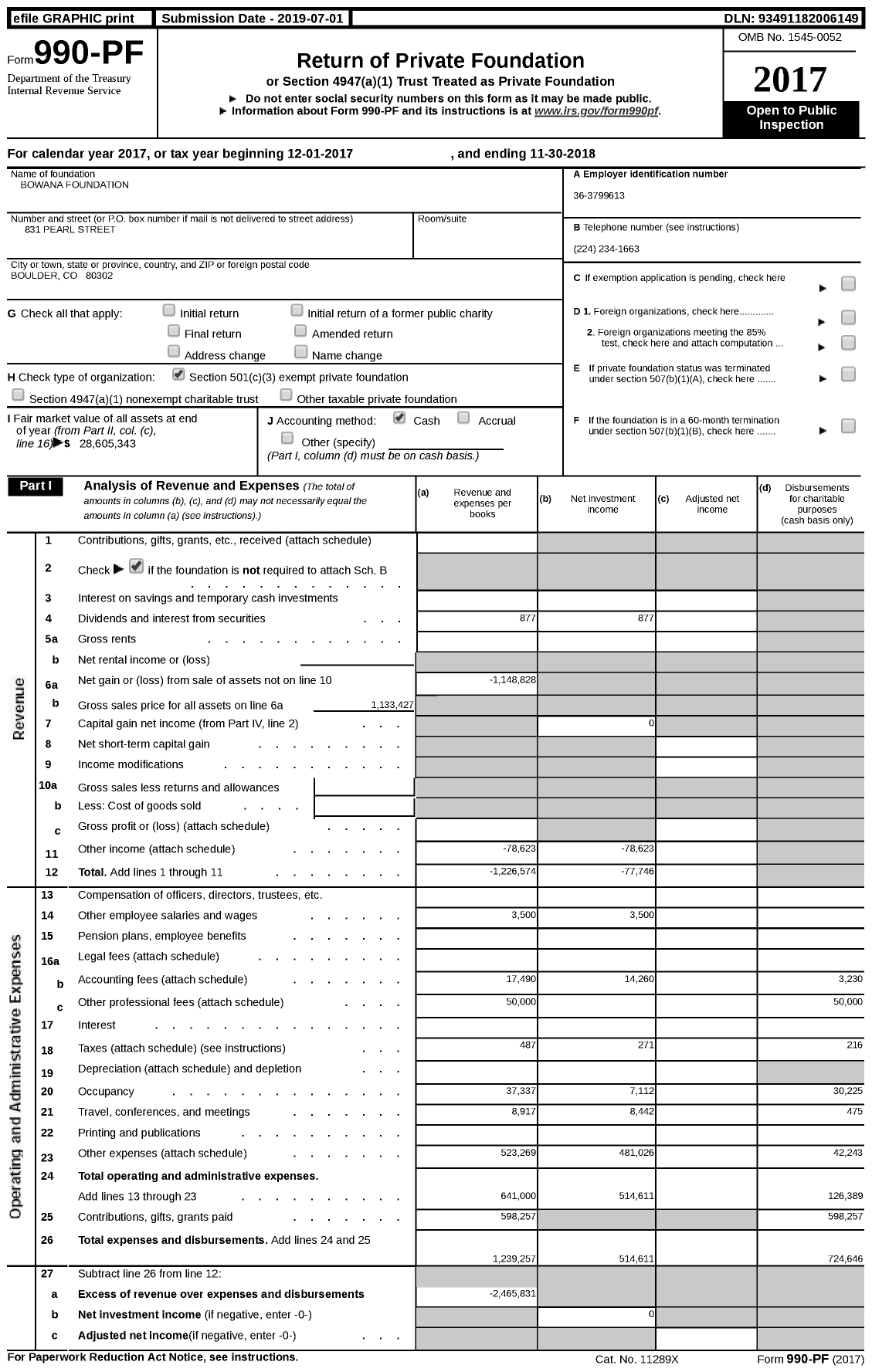 Image of first page of 2017 Form 990PF for Bowana Foundation