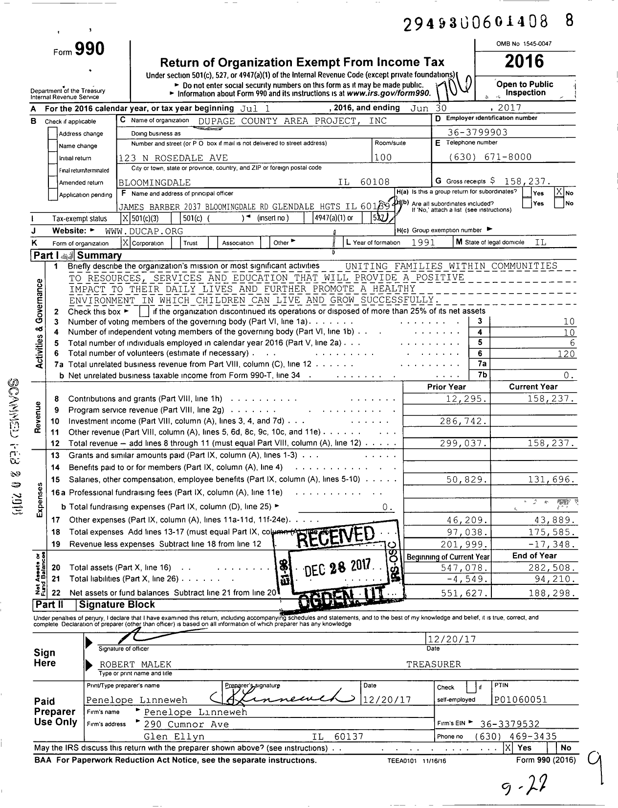 Image of first page of 2016 Form 990 for Dupage County Area Project
